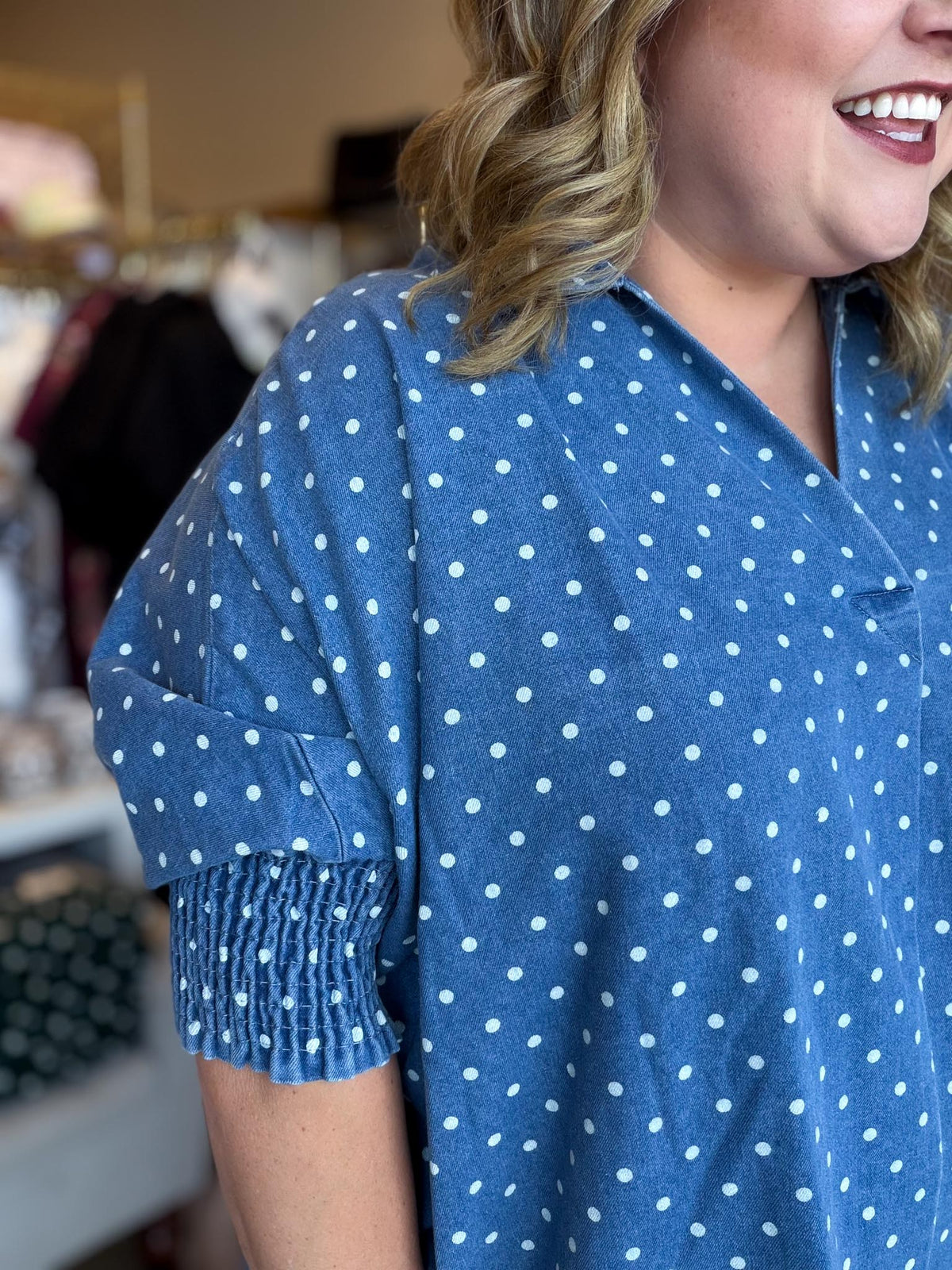 Denim Dottie Plus-Size Denim Polka Dot Top