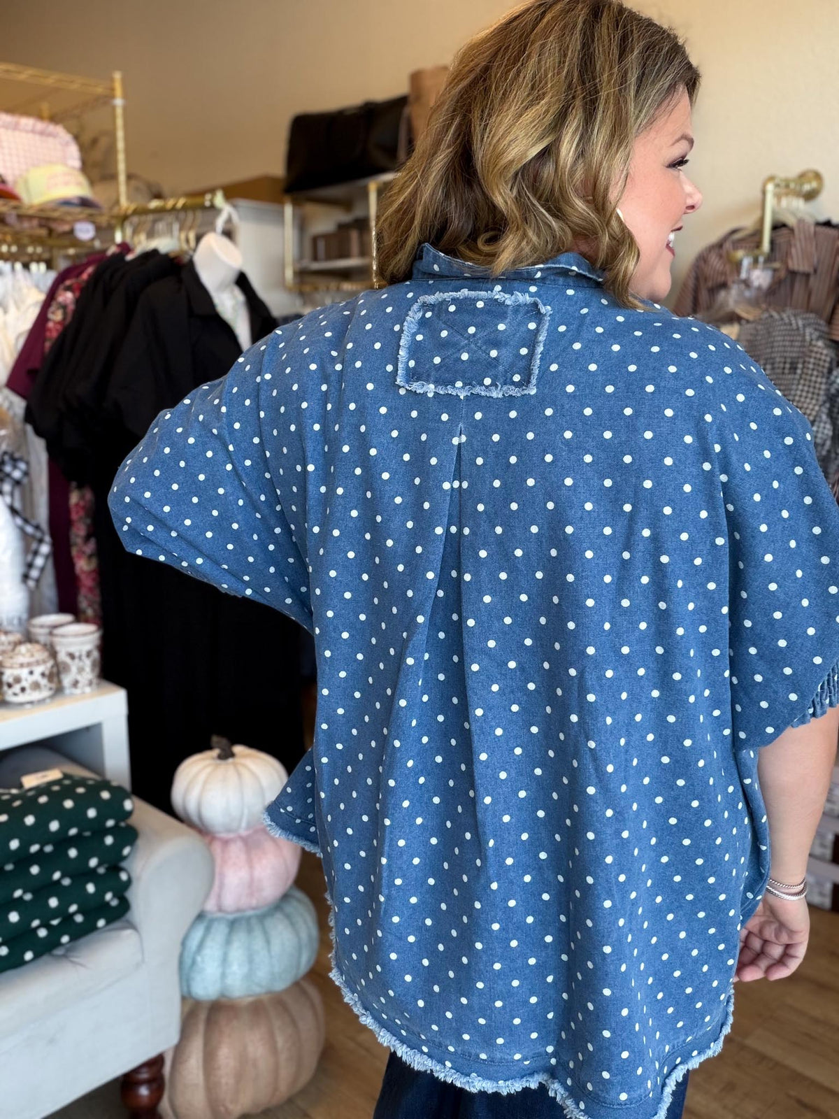 Denim Dottie Plus-Size Denim Polka Dot Top