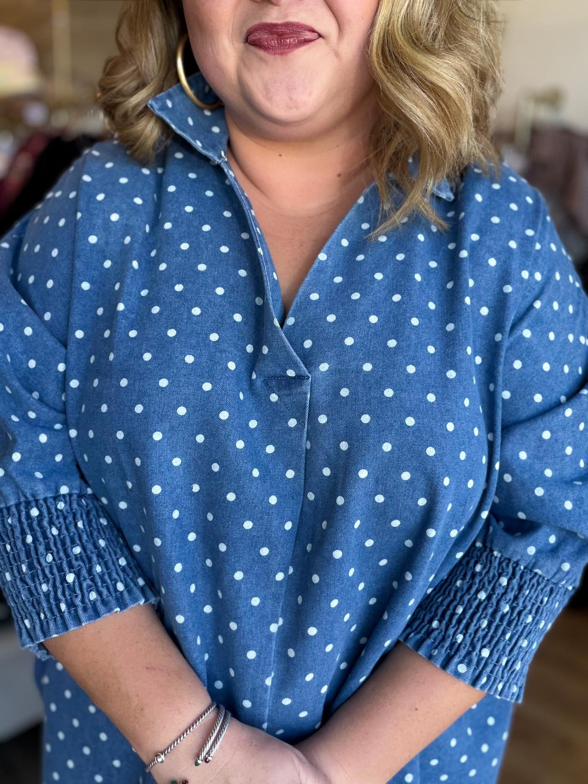 Denim Dottie Plus-Size Denim Polka Dot Top