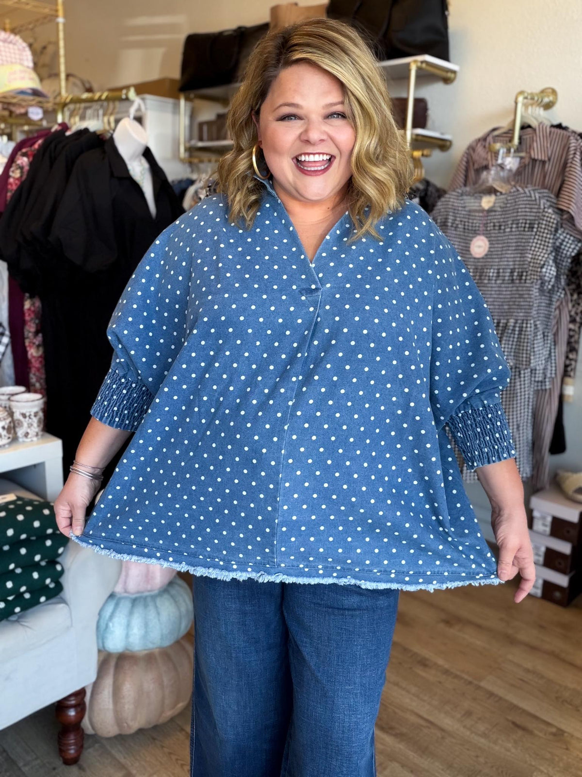 Denim Dottie Plus-Size Denim Polka Dot Top