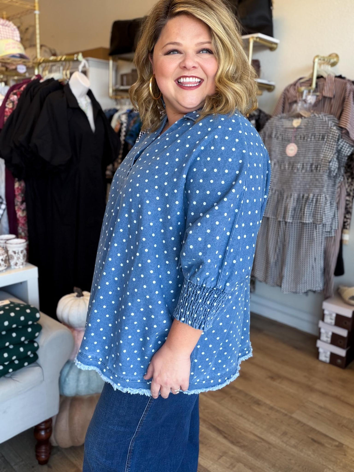 Denim Dottie Plus-Size Denim Polka Dot Top