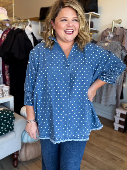 Denim Dottie Plus-Size Denim Polka Dot Top