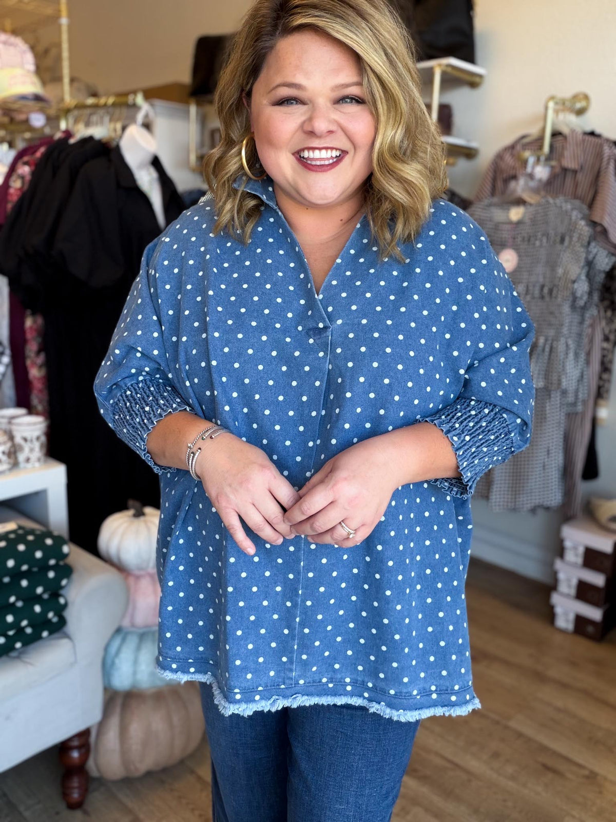 Denim Dottie Plus-Size Denim Polka Dot Top