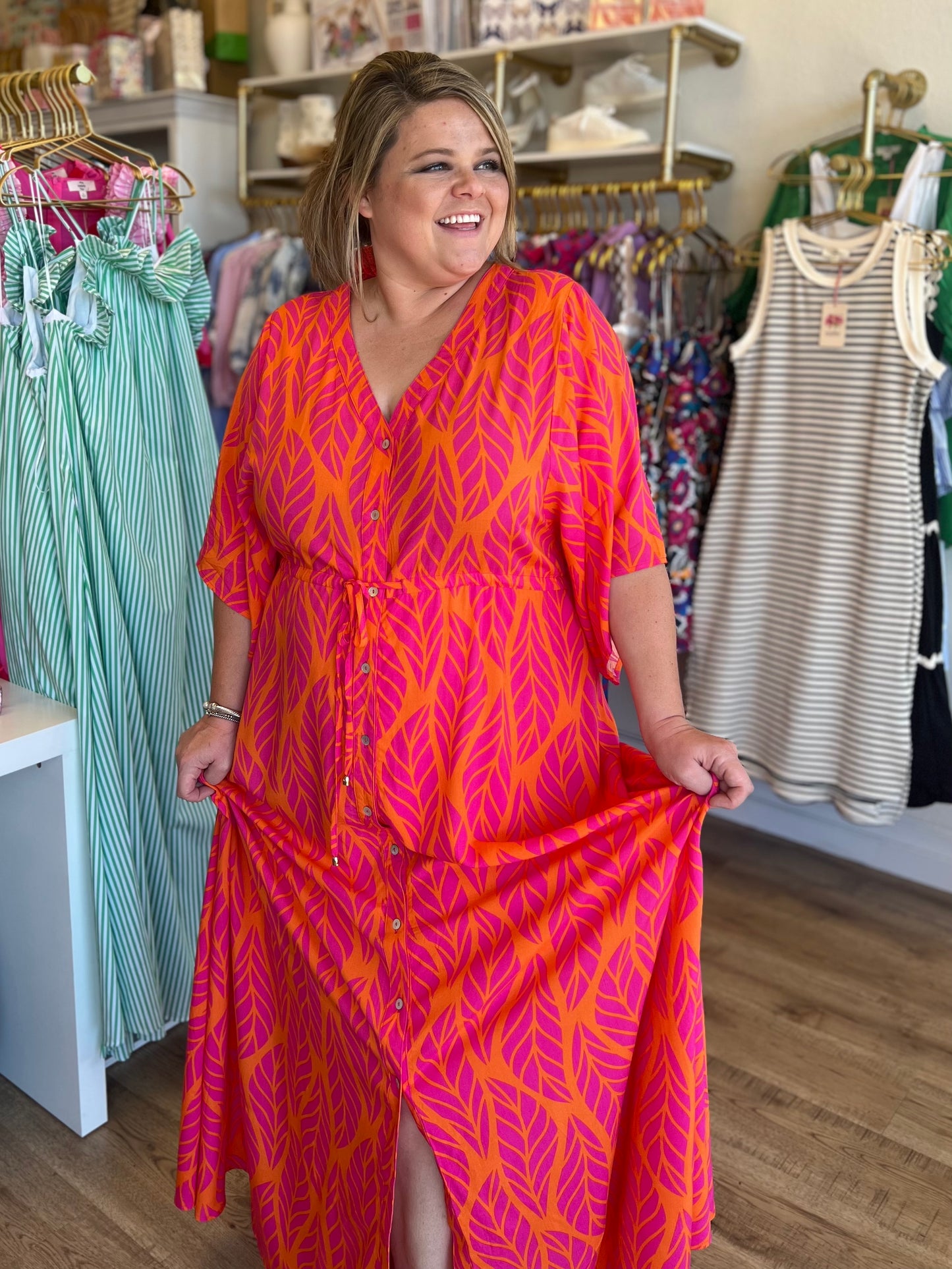 "Meet Me in Mexico" Pink and Orange Leaf Print Maxi Dress