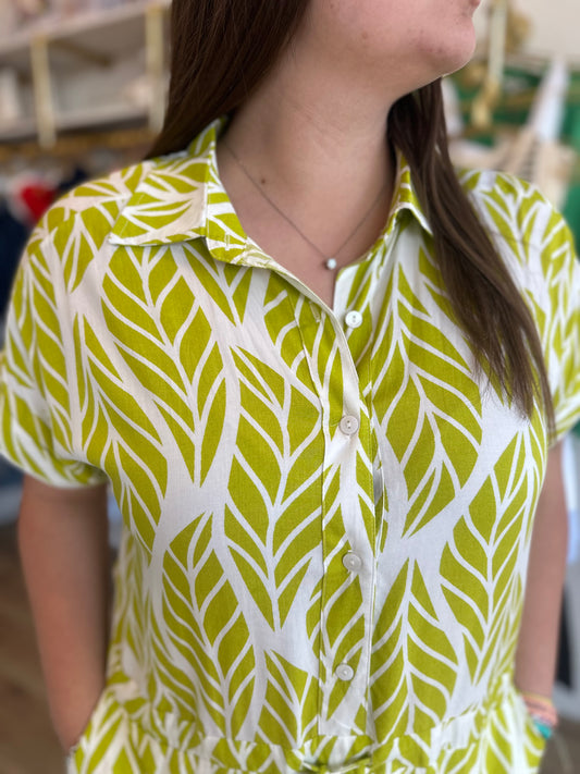 "Kokomo" Lime Leaf Print Jumpsuit
