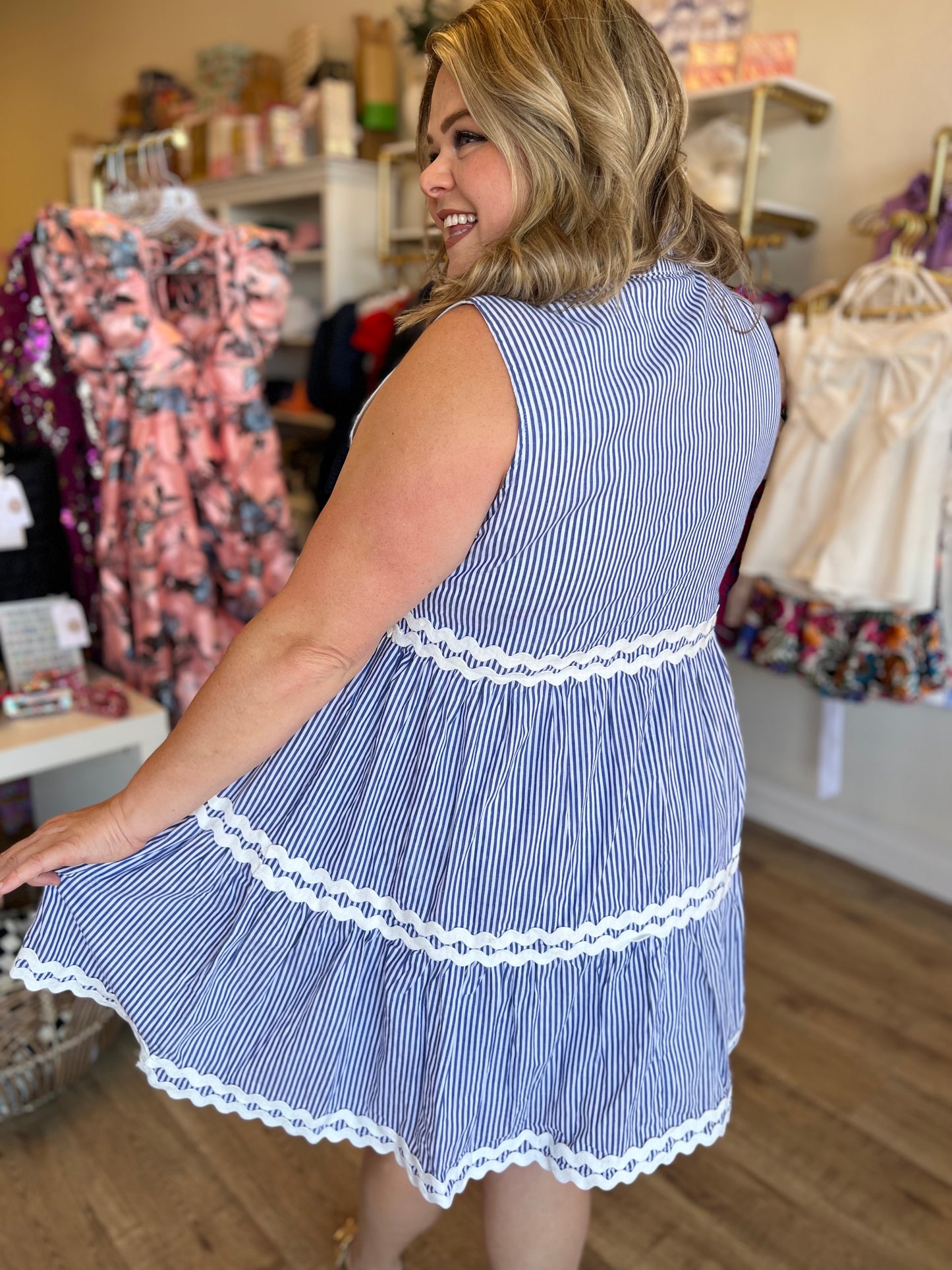 "Coastal Cutie" Blue and White Stripe Ric Rac Dress