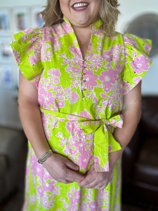 Easter Morning Curvy Green Floral Midi Dress