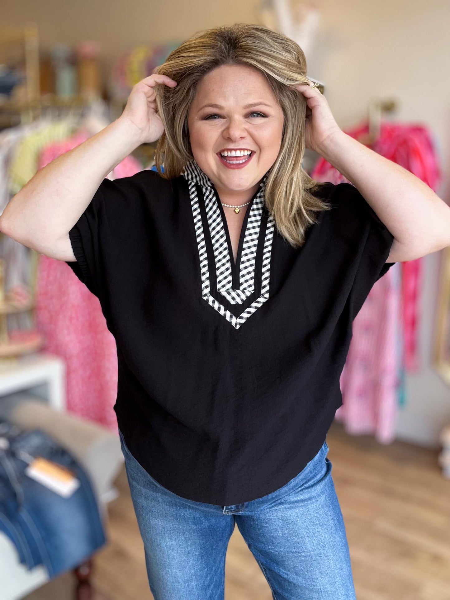 Easy Does It Top Black Gingham Dolman Top