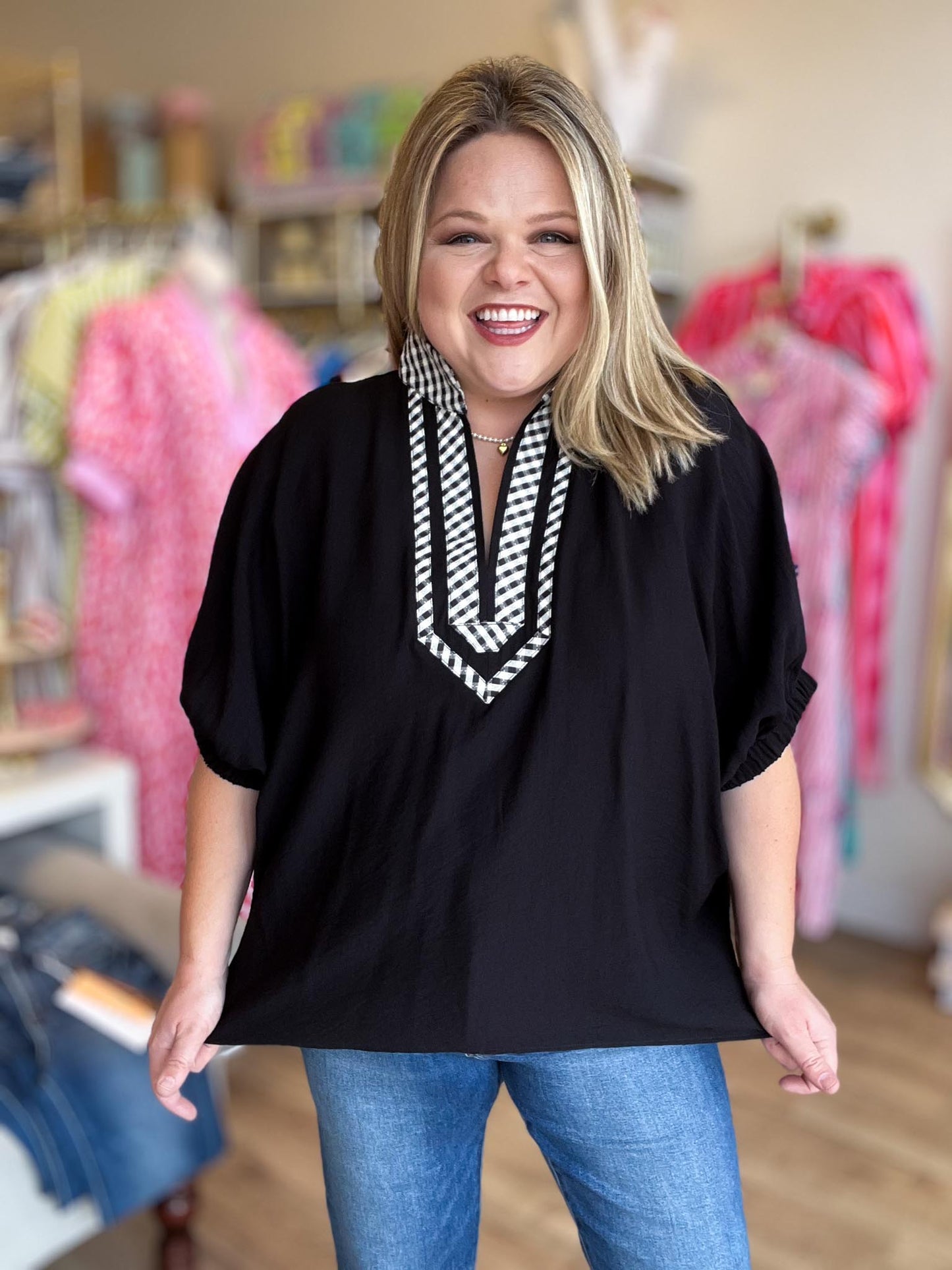 Easy Does It Top Black Gingham Dolman Top