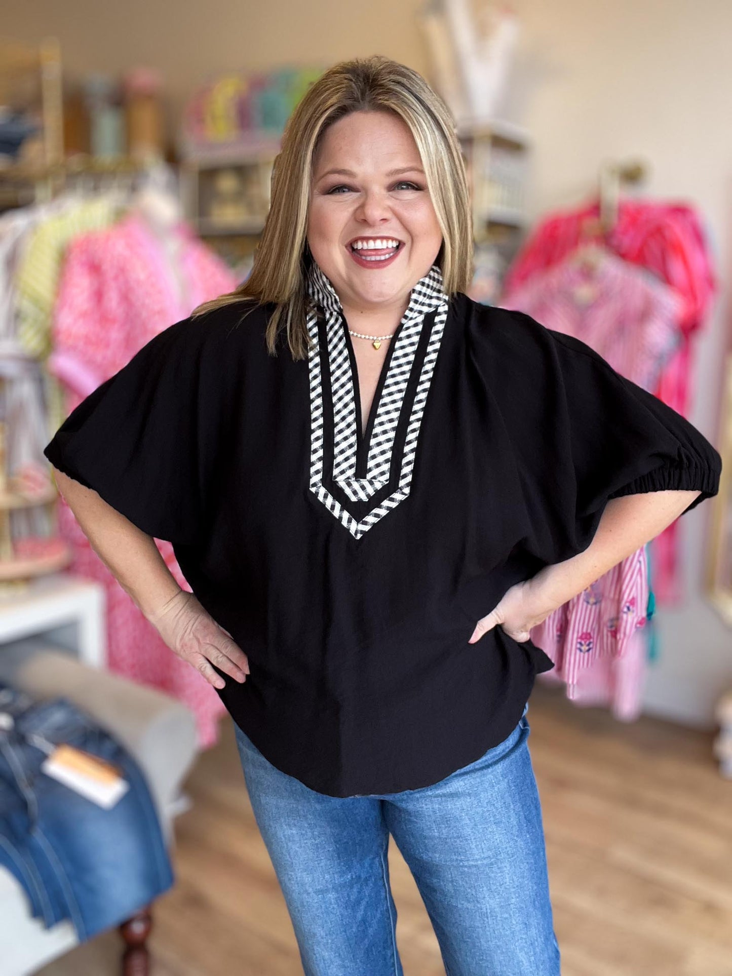 Easy Does It Top Black Gingham Dolman Top