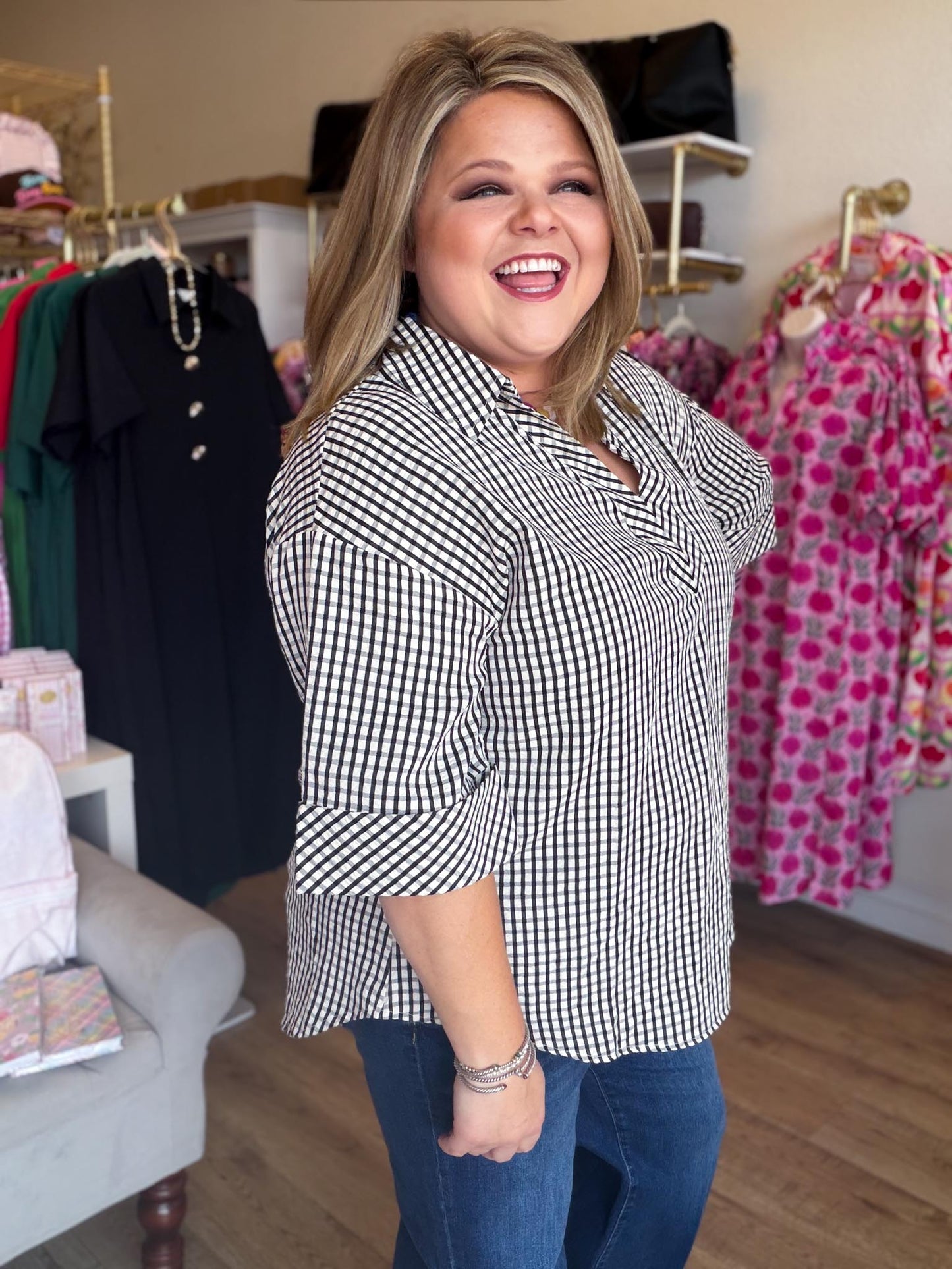 Ebony Check Curvy Black & White Gingham Top