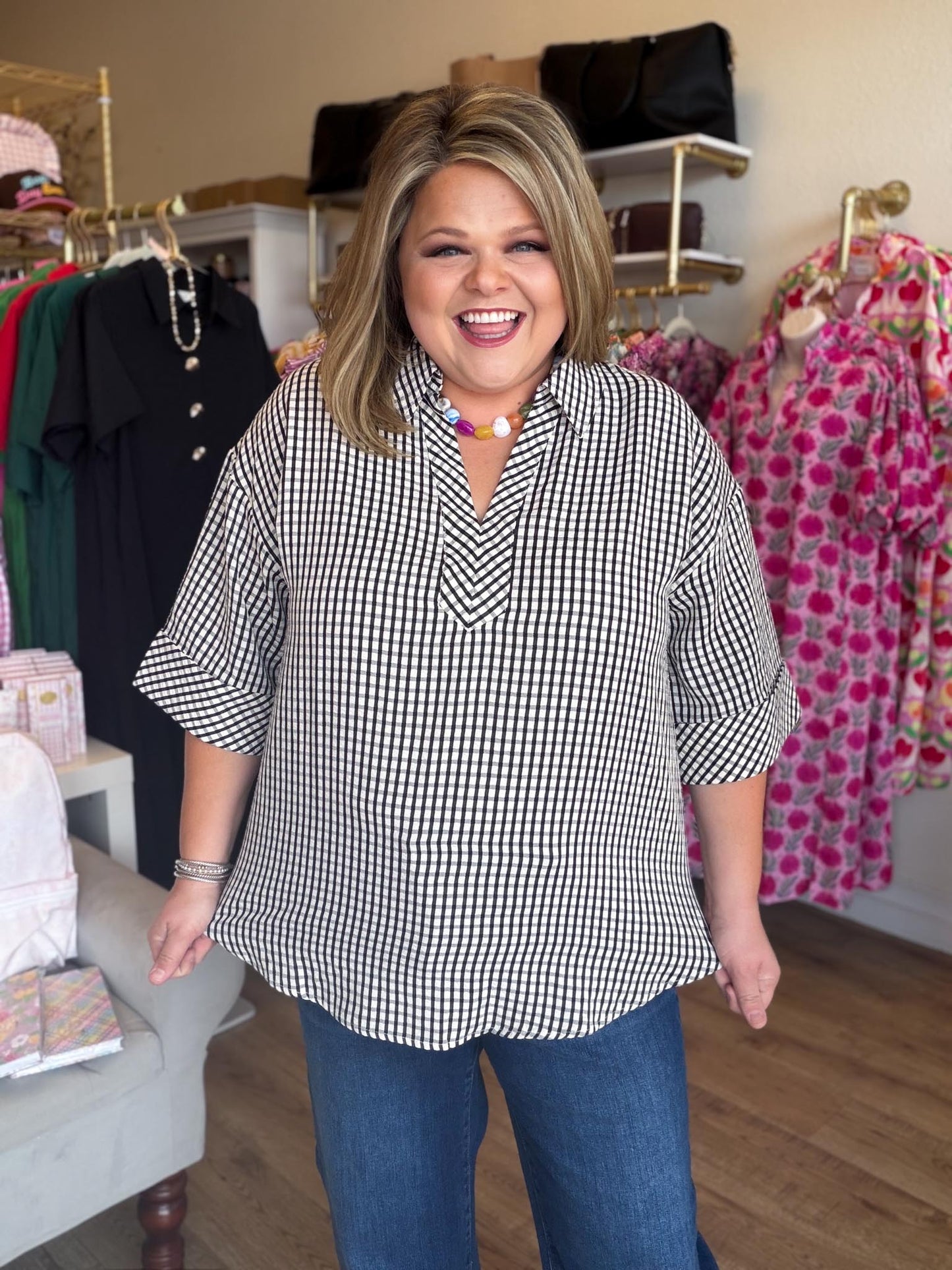 Ebony Check Curvy Black & White Gingham Top