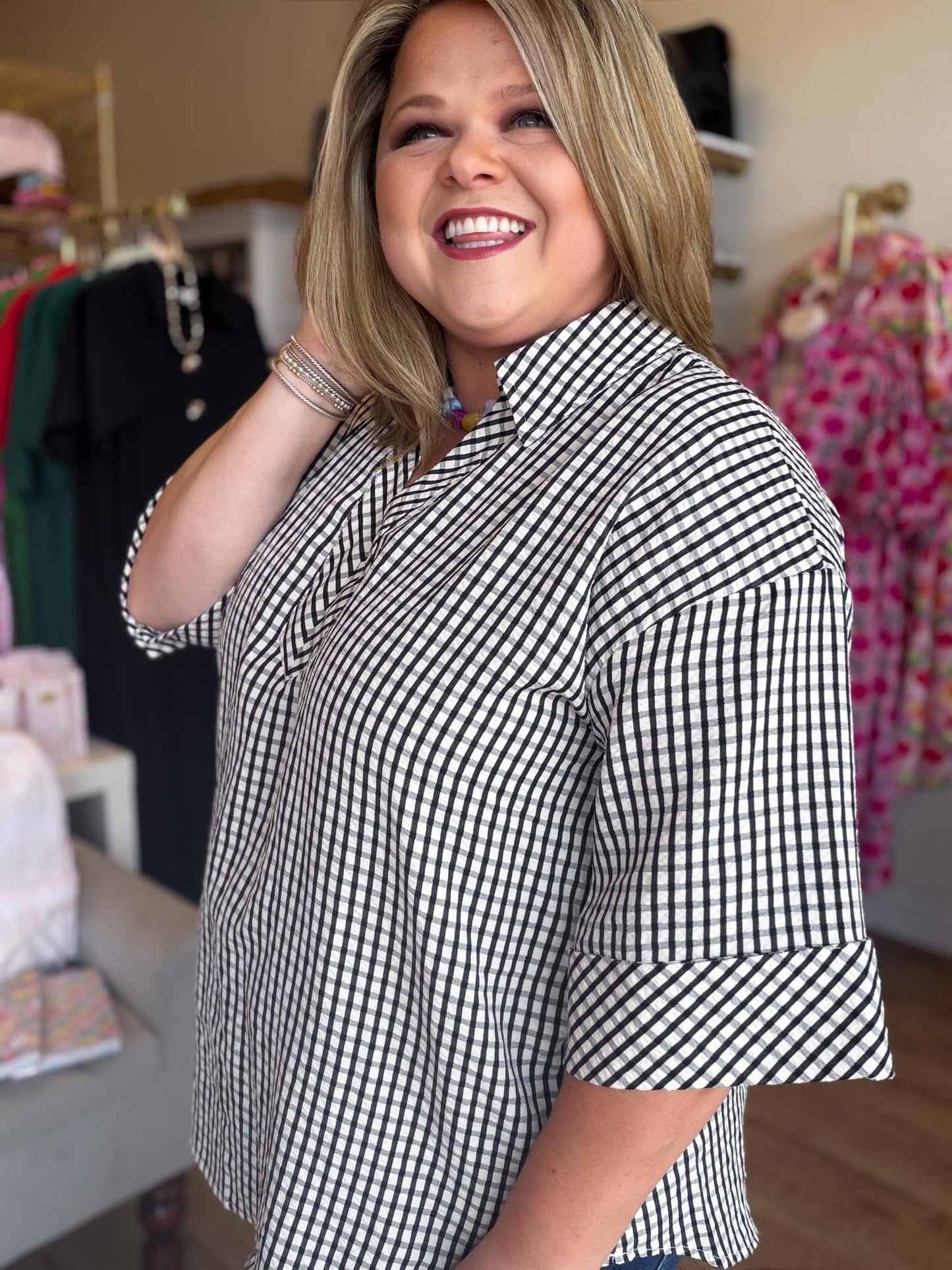 Ebony Check Curvy Black & White Gingham Top