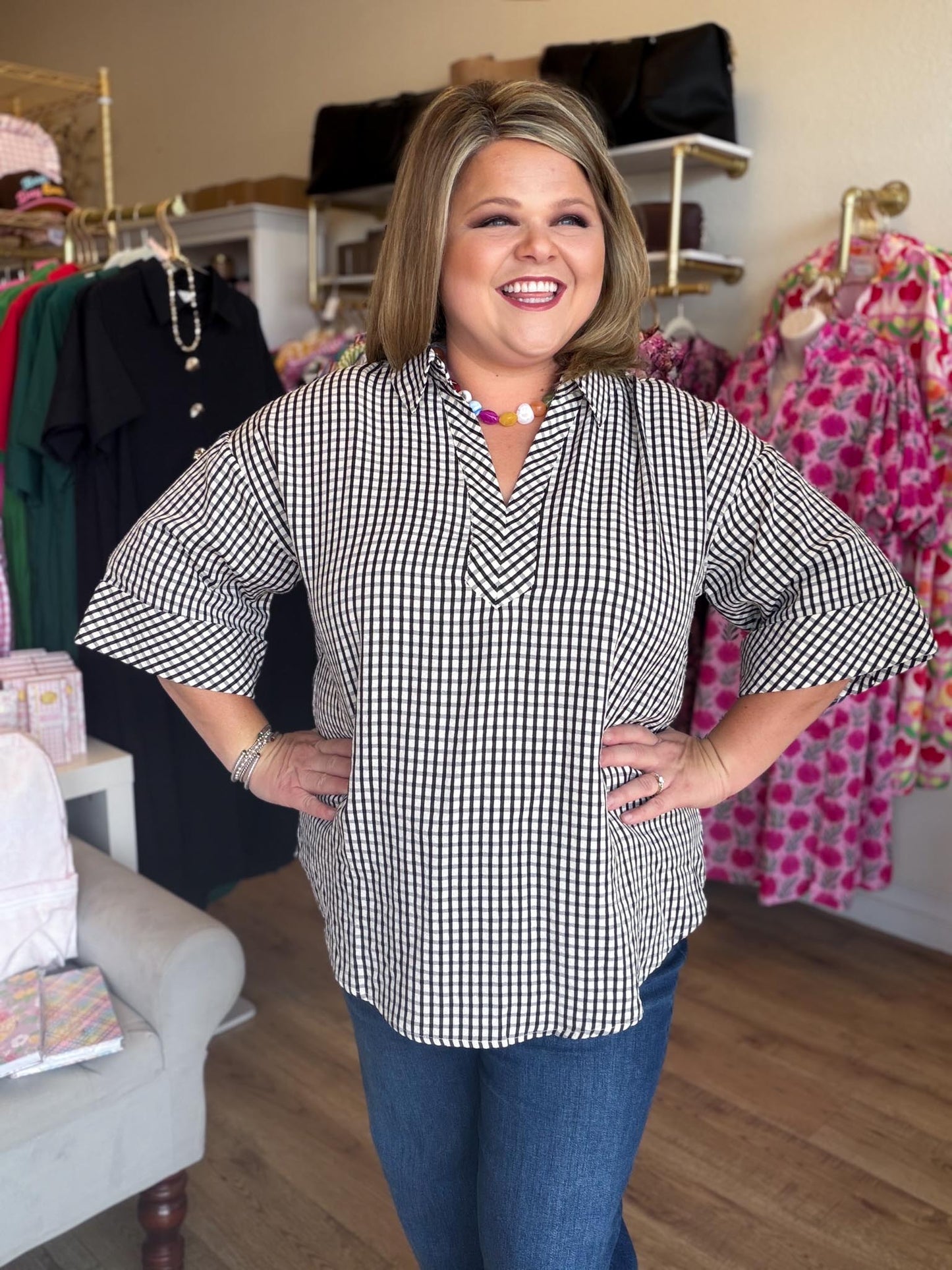 Ebony Check Curvy Black & White Gingham Top