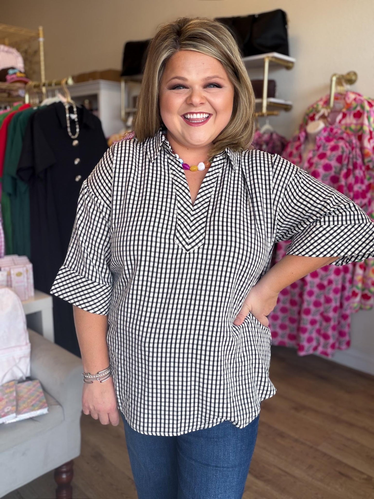 Ebony Check Curvy Black & White Gingham Top