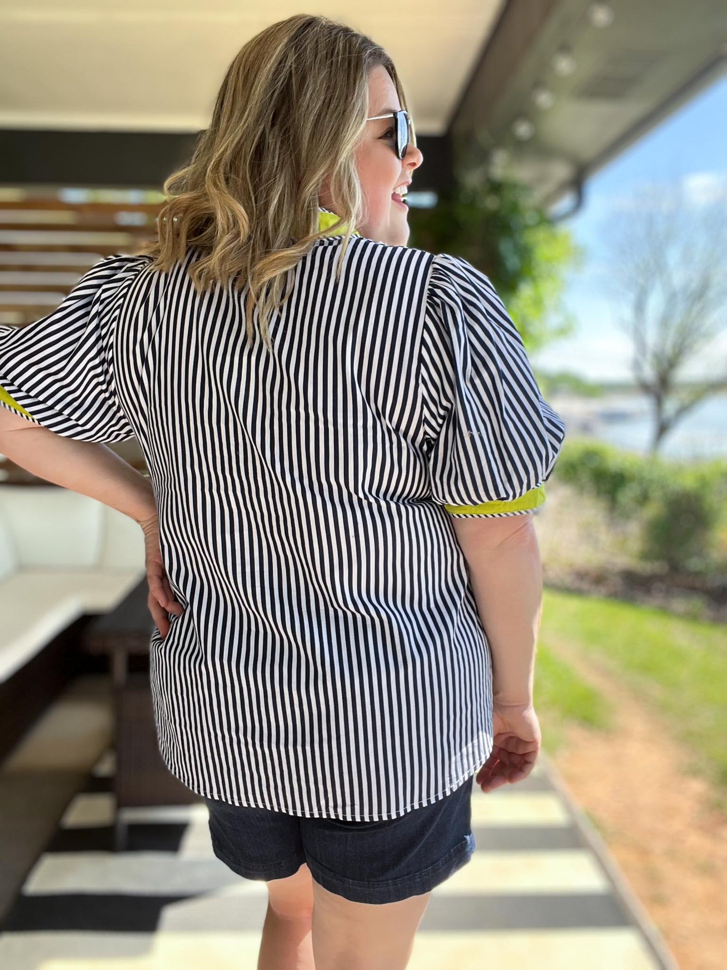 Electric Edge Curvy Navy Stripe Top