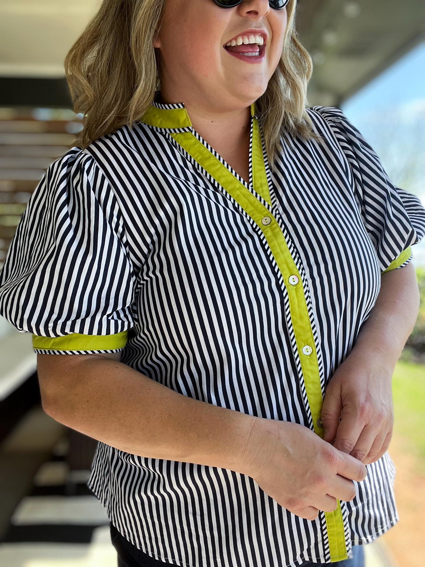 Electric Edge Curvy Navy Stripe Top