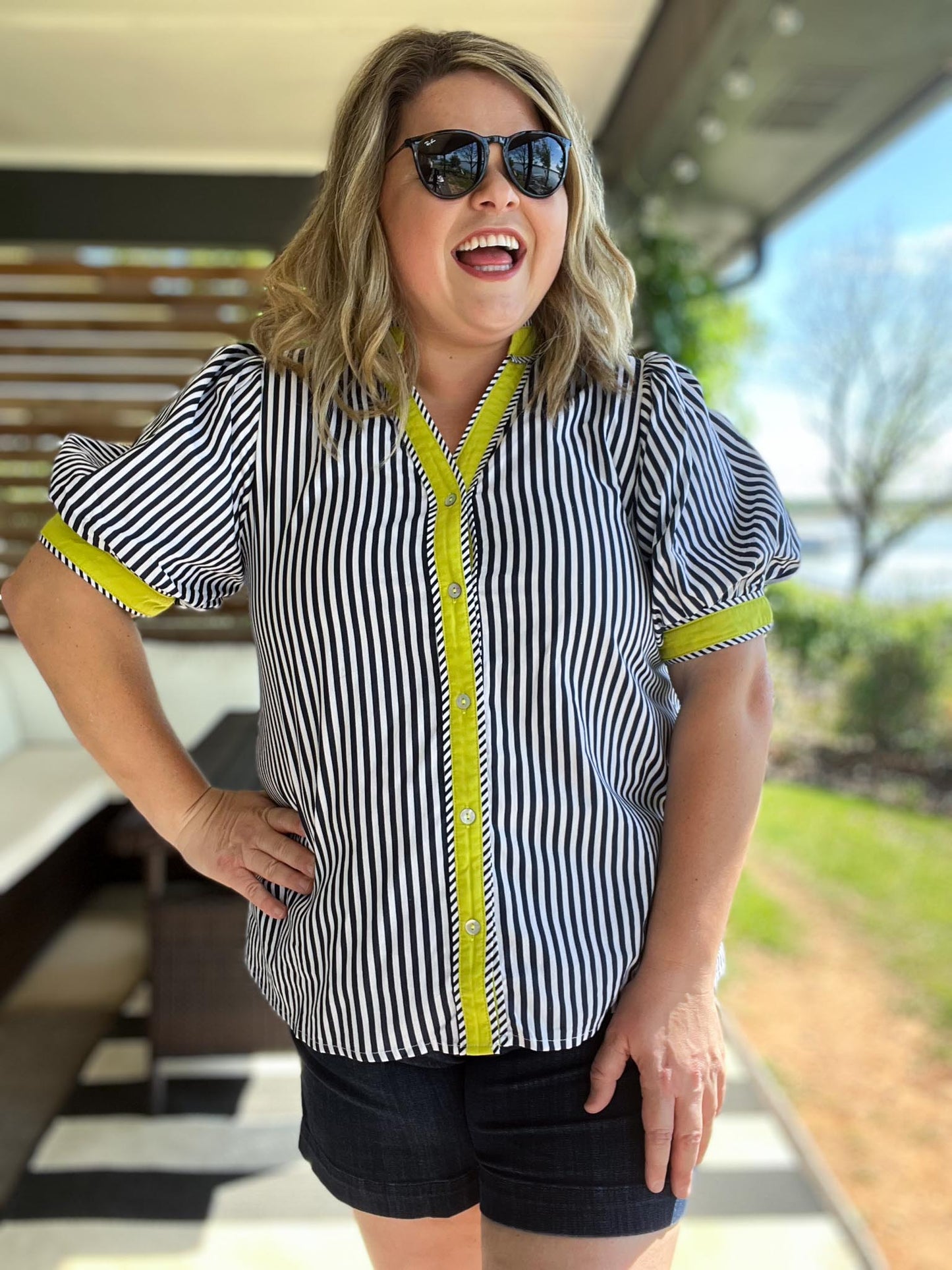 Electric Edge Curvy Navy Stripe Top