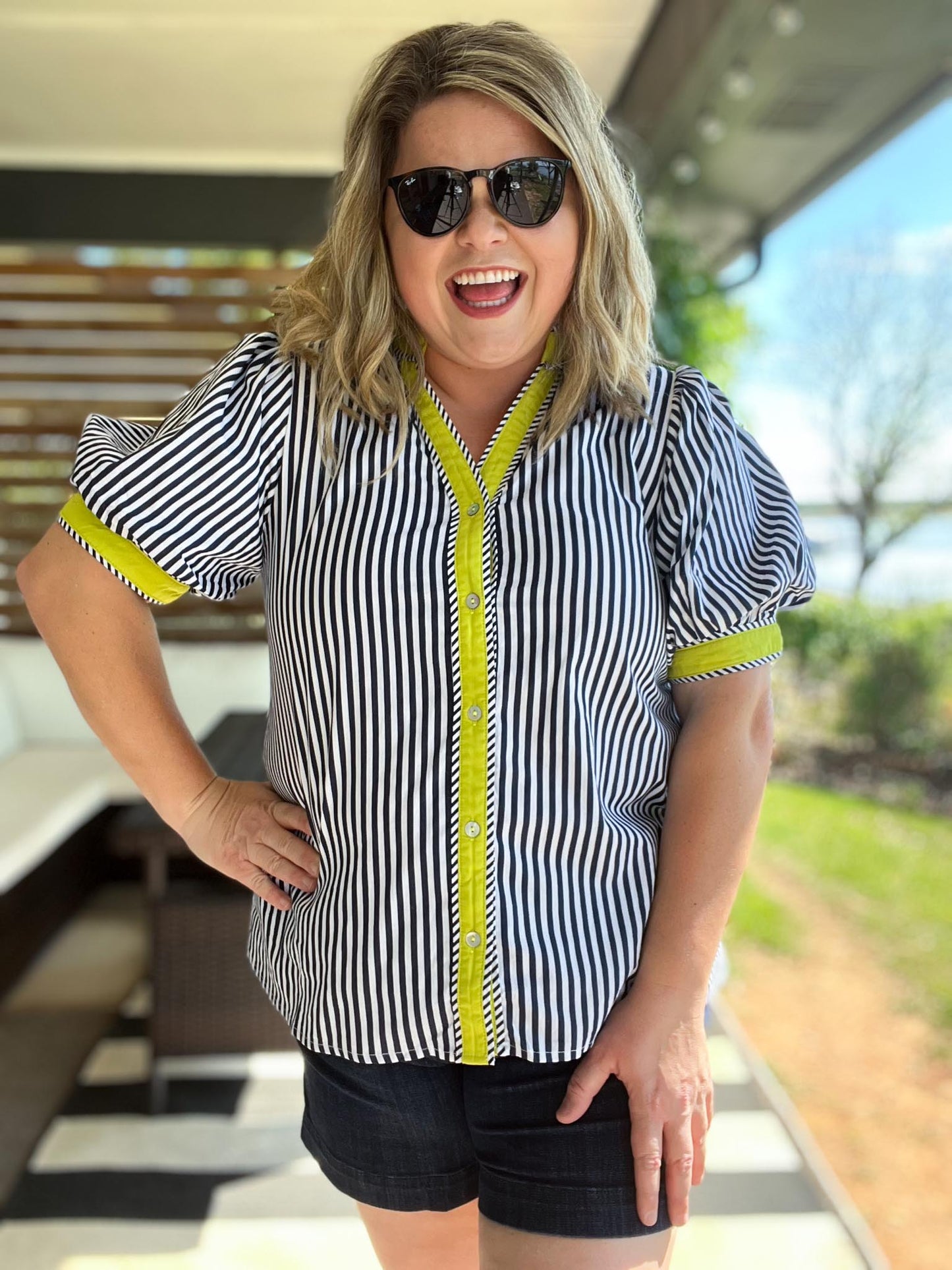 Electric Edge Curvy Navy Stripe Top