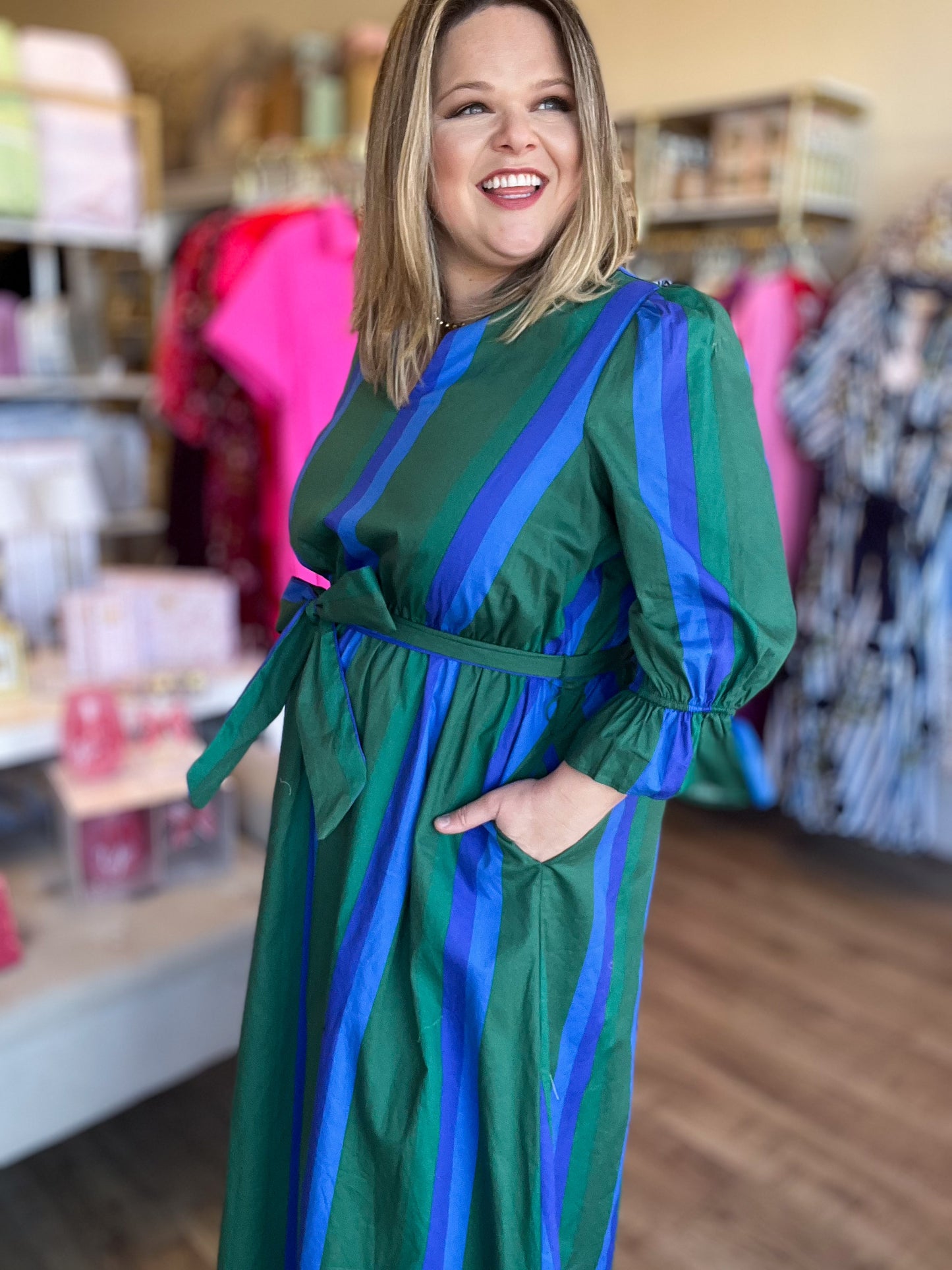 Emeralds & Sapphires Plus-Size Stripe Midi Dress