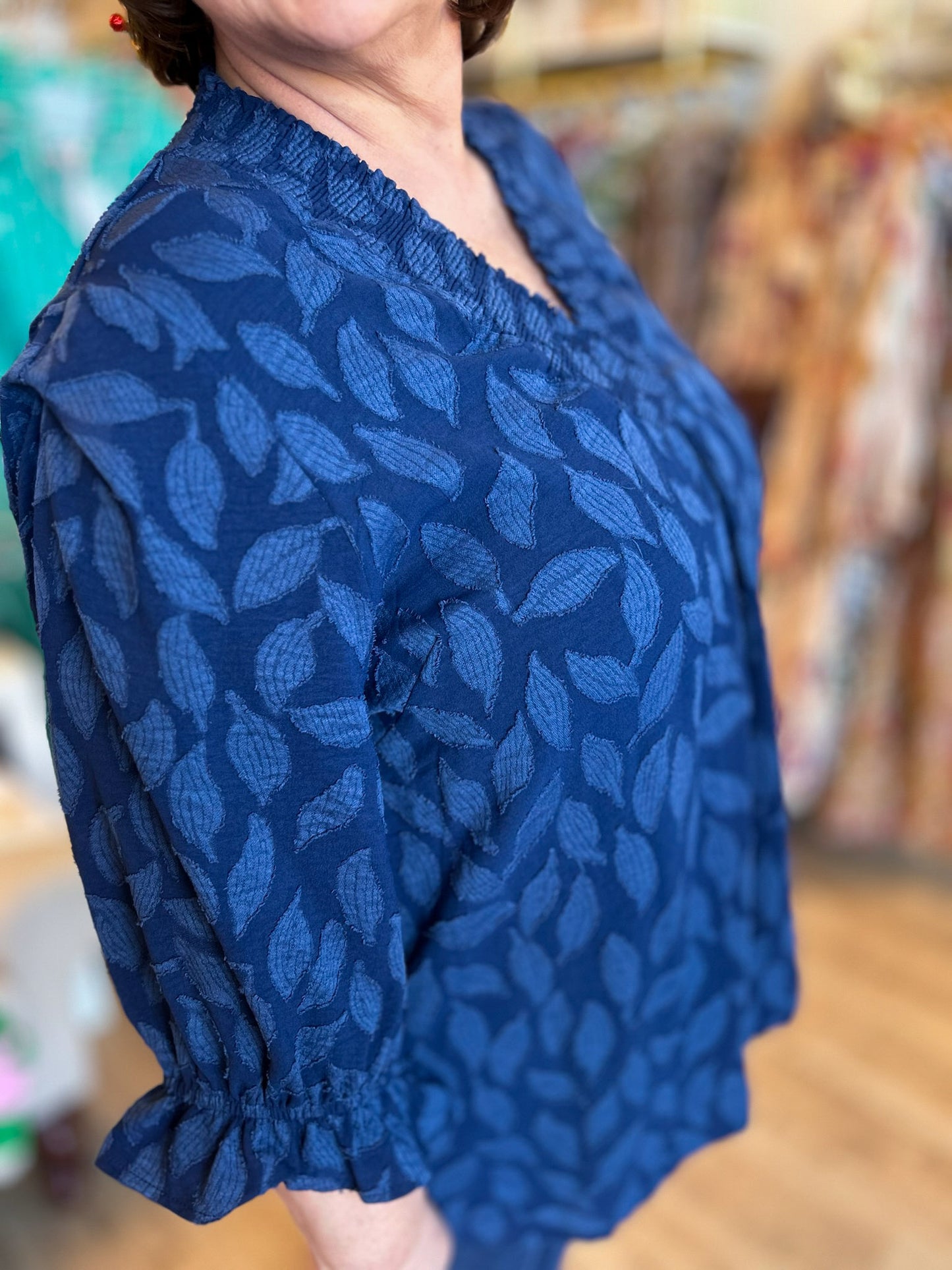 Evergreen Elegance Curvy Navy Jacquard Top