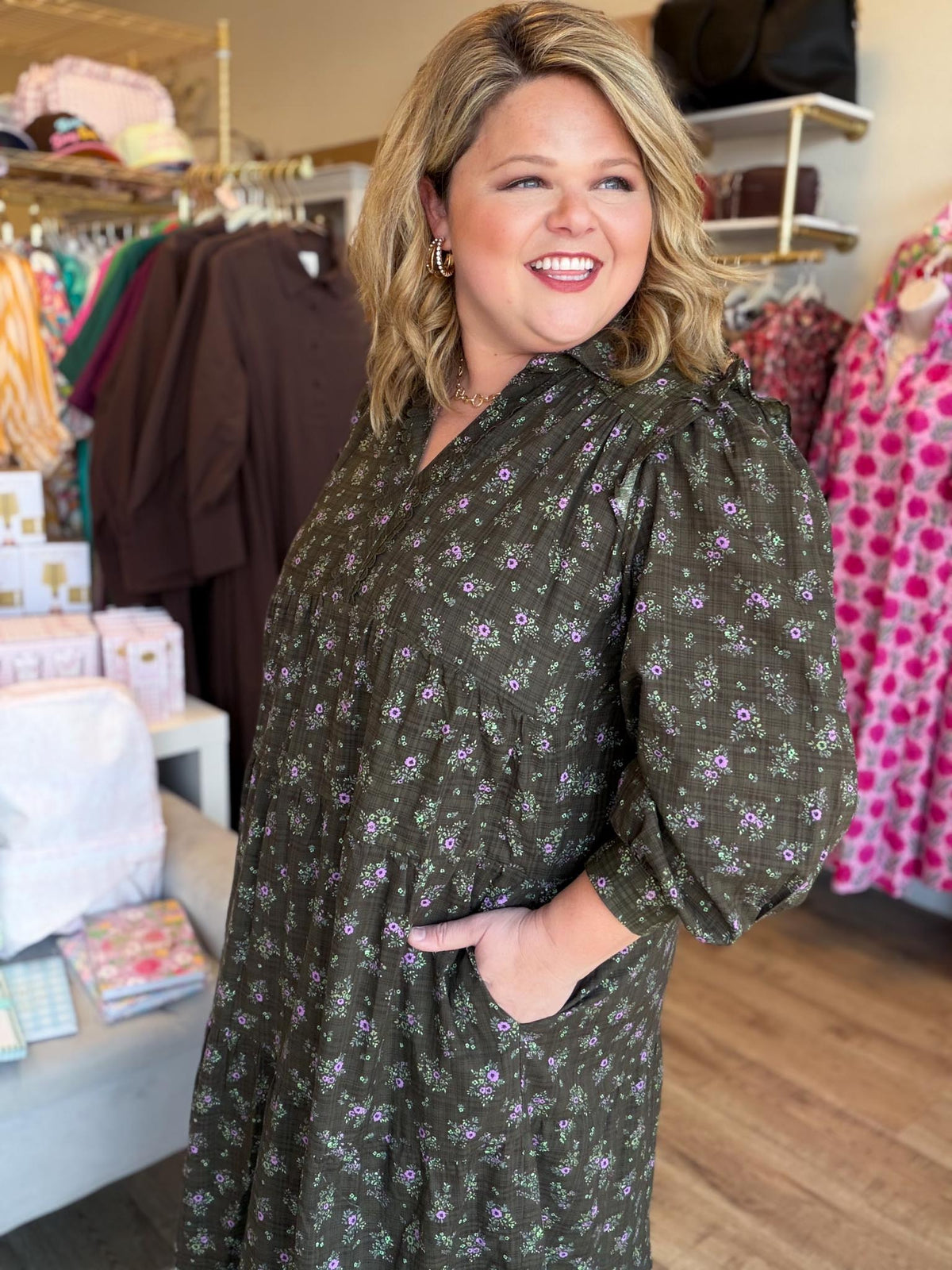 Evergreen Meadow Curvy Olive Floral Tiered Mini Dress