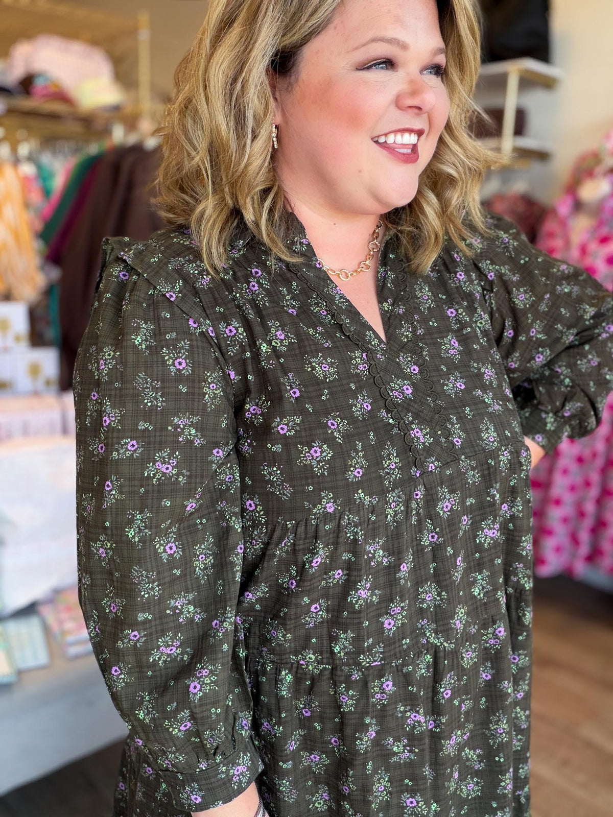 Evergreen Meadow Curvy Olive Floral Tiered Mini Dress