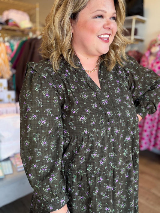 Evergreen Meadow Curvy Olive Floral Tiered Mini Dress