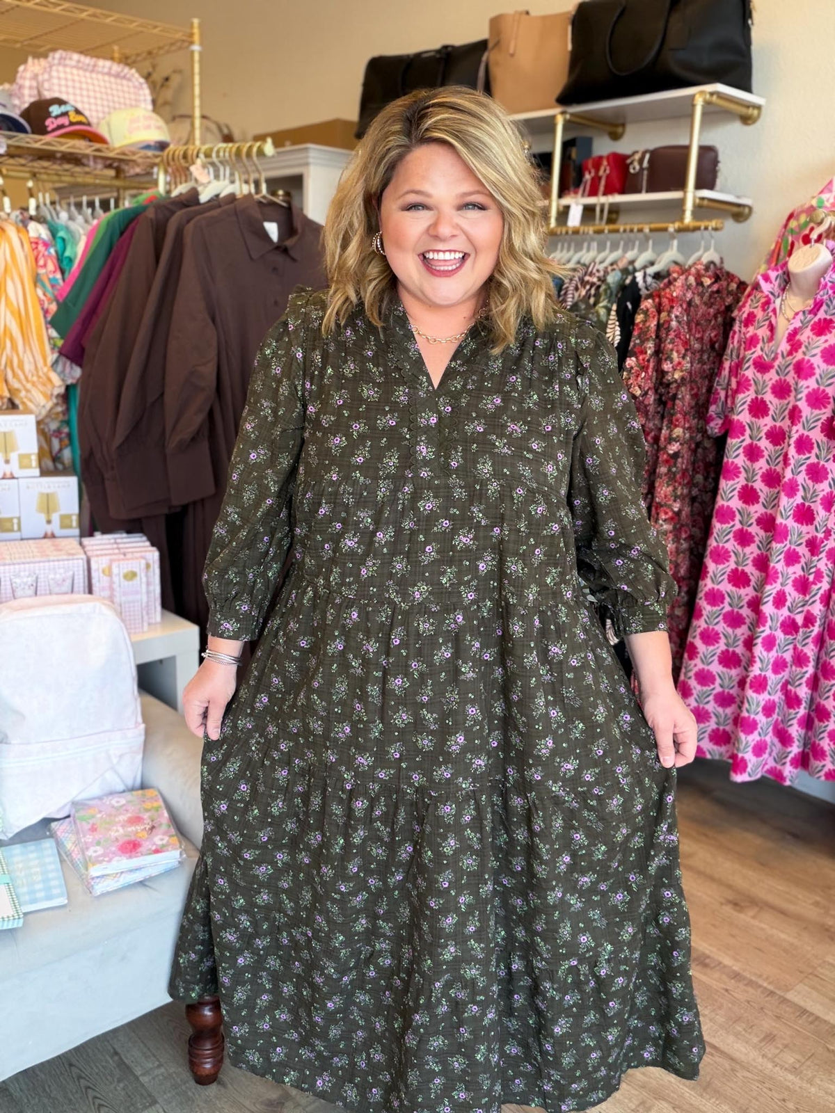 Evergreen Meadow Curvy Olive Floral Tiered Mini Dress