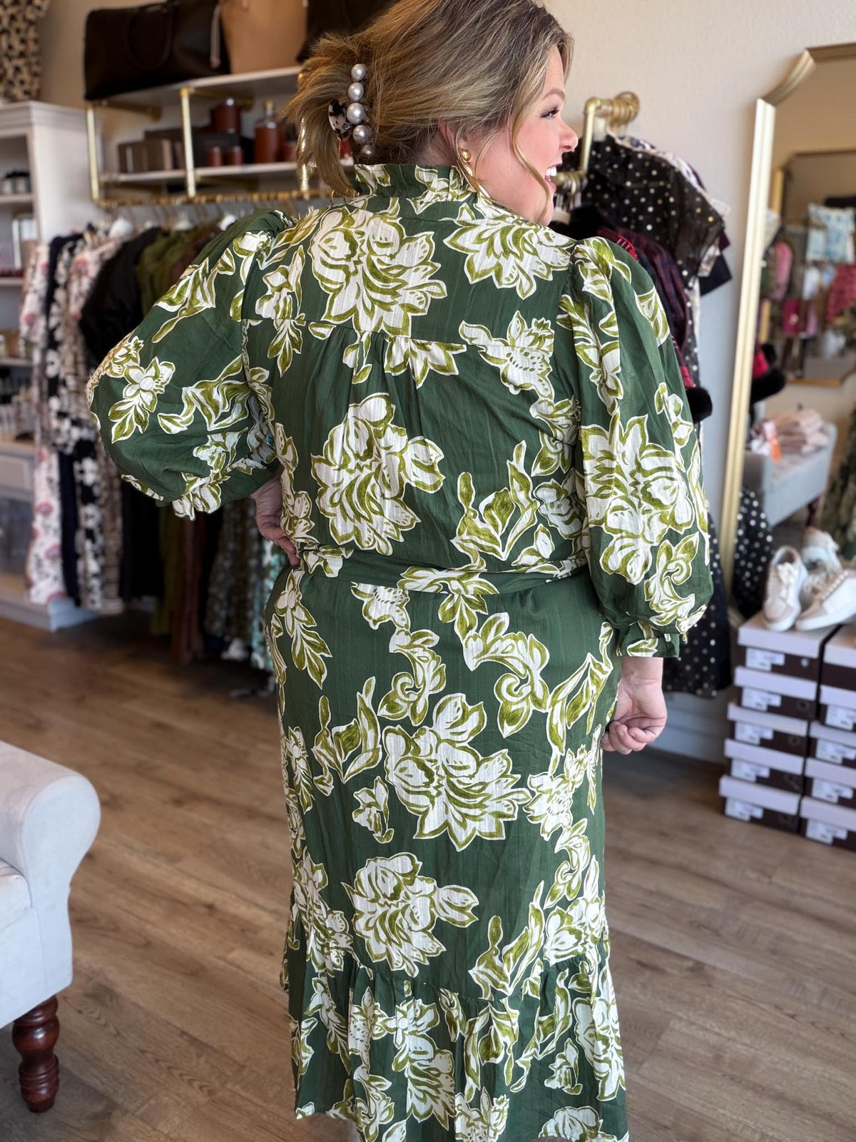 Evergreen Romance Curvy Olive Floral Midi Dress
