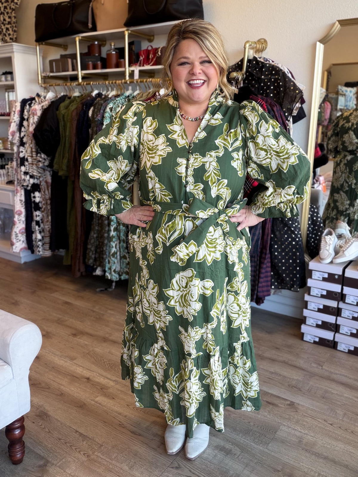 Evergreen Romance Curvy Olive Floral Midi Dress