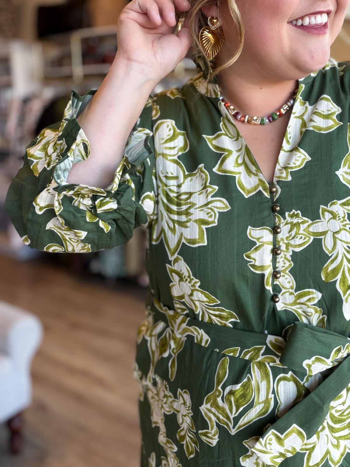 Evergreen Romance Curvy Olive Floral Midi Dress