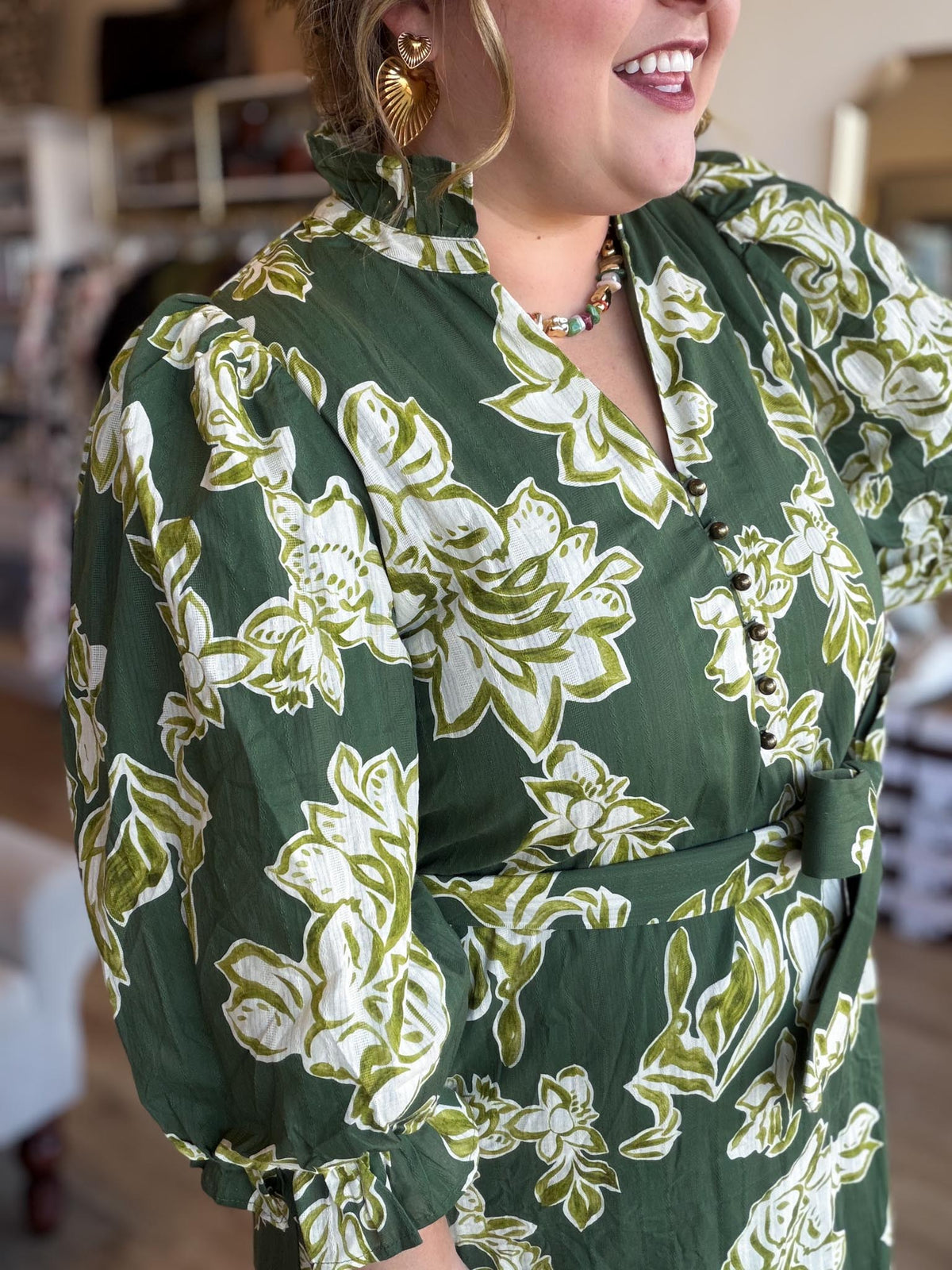 Evergreen Romance Curvy Olive Floral Midi Dress