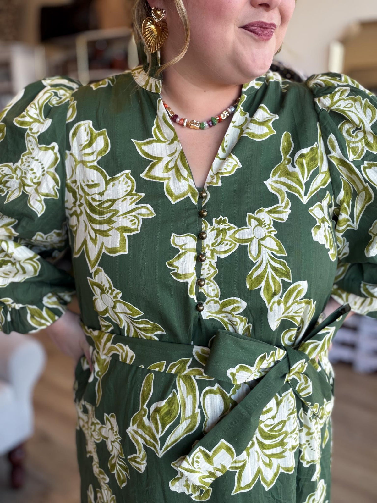Evergreen Romance Curvy Olive Floral Midi Dress