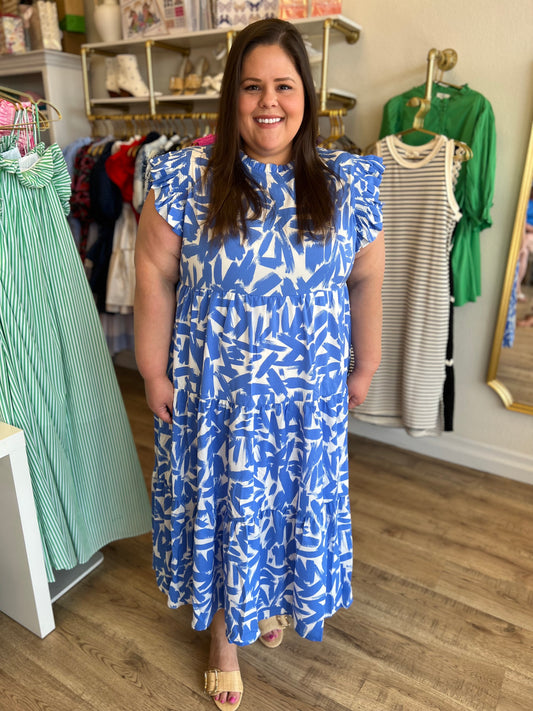 "Flirtatious Frills" Plus-Size Blue and White Tiered Midi Dress