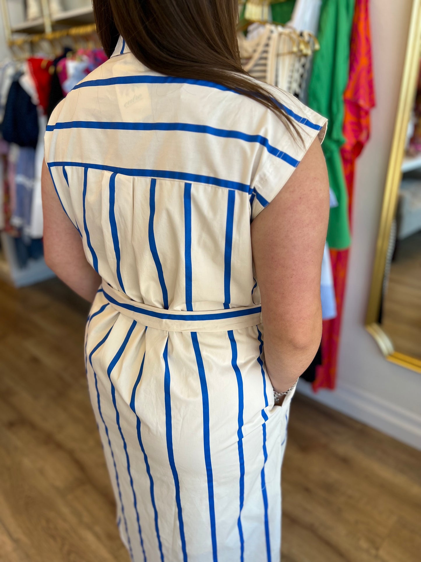 “Anchors Away” Natural Blue Stripe Belted Midi Dress