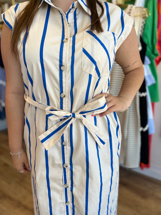 “Anchors Away” Natural Blue Stripe Belted Midi Dress