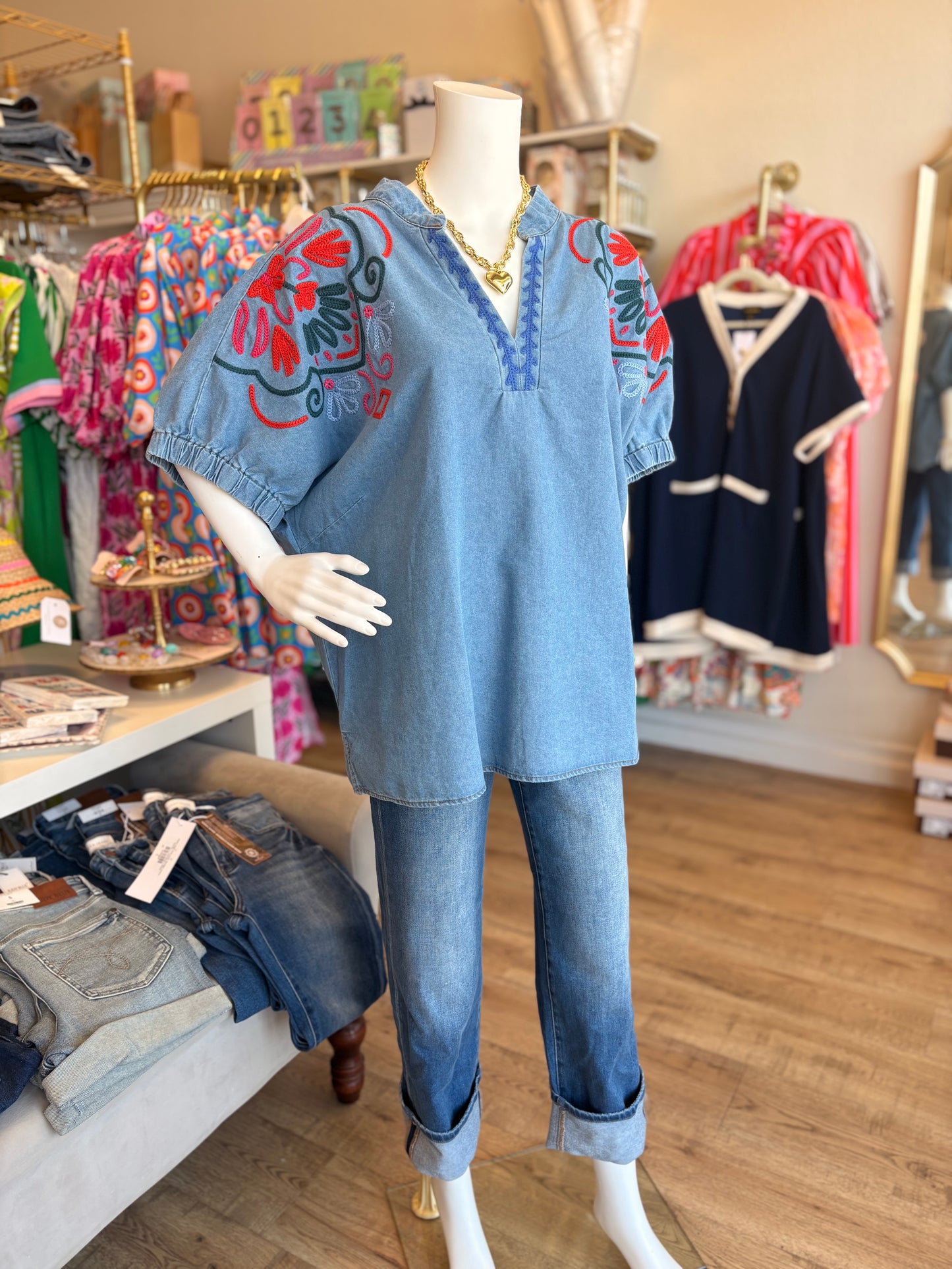 Land of Lovely Curvy Denim Embroidery Top