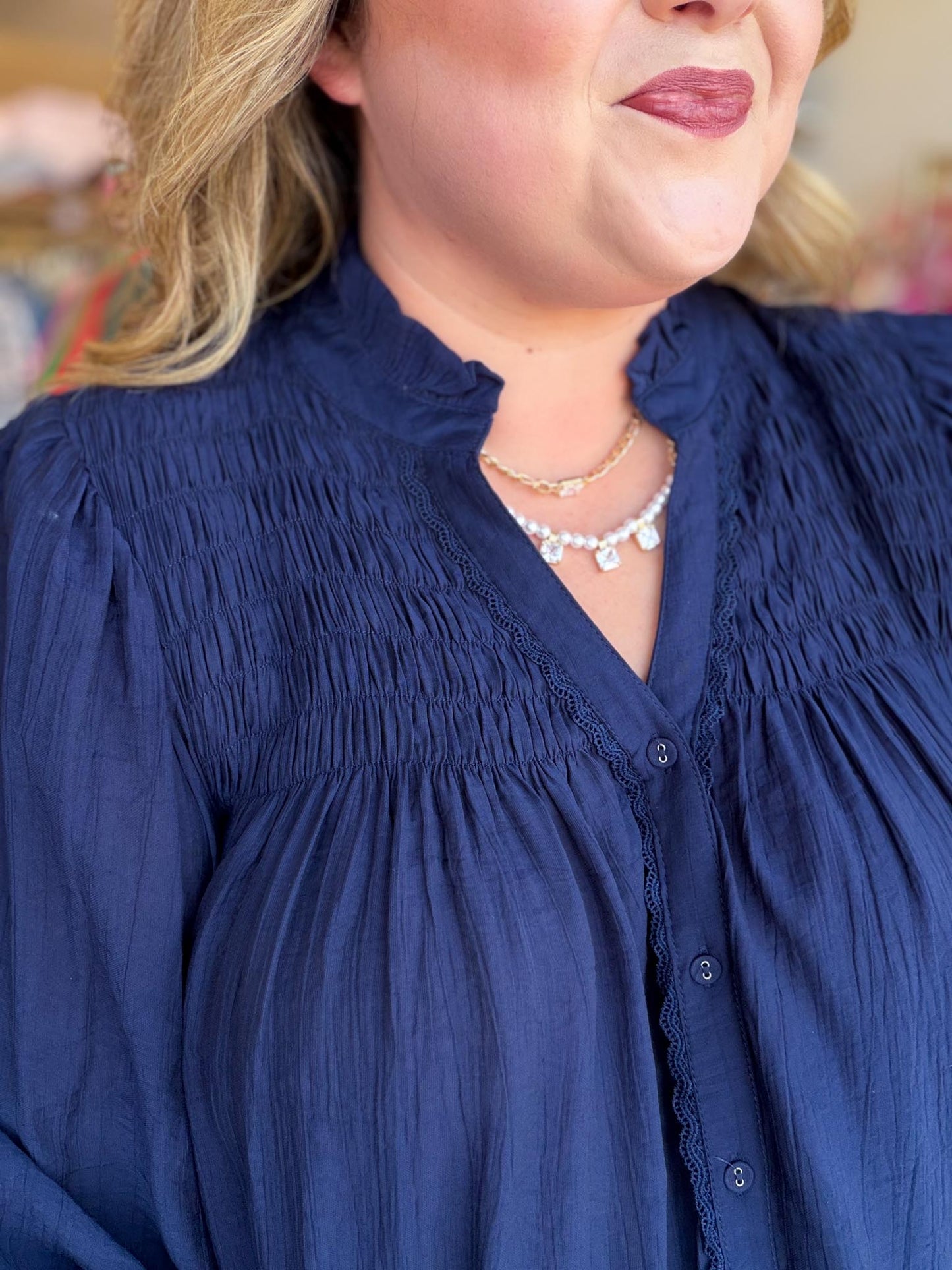 Fall's Favorite Blue Curvy Navy Smocked Top