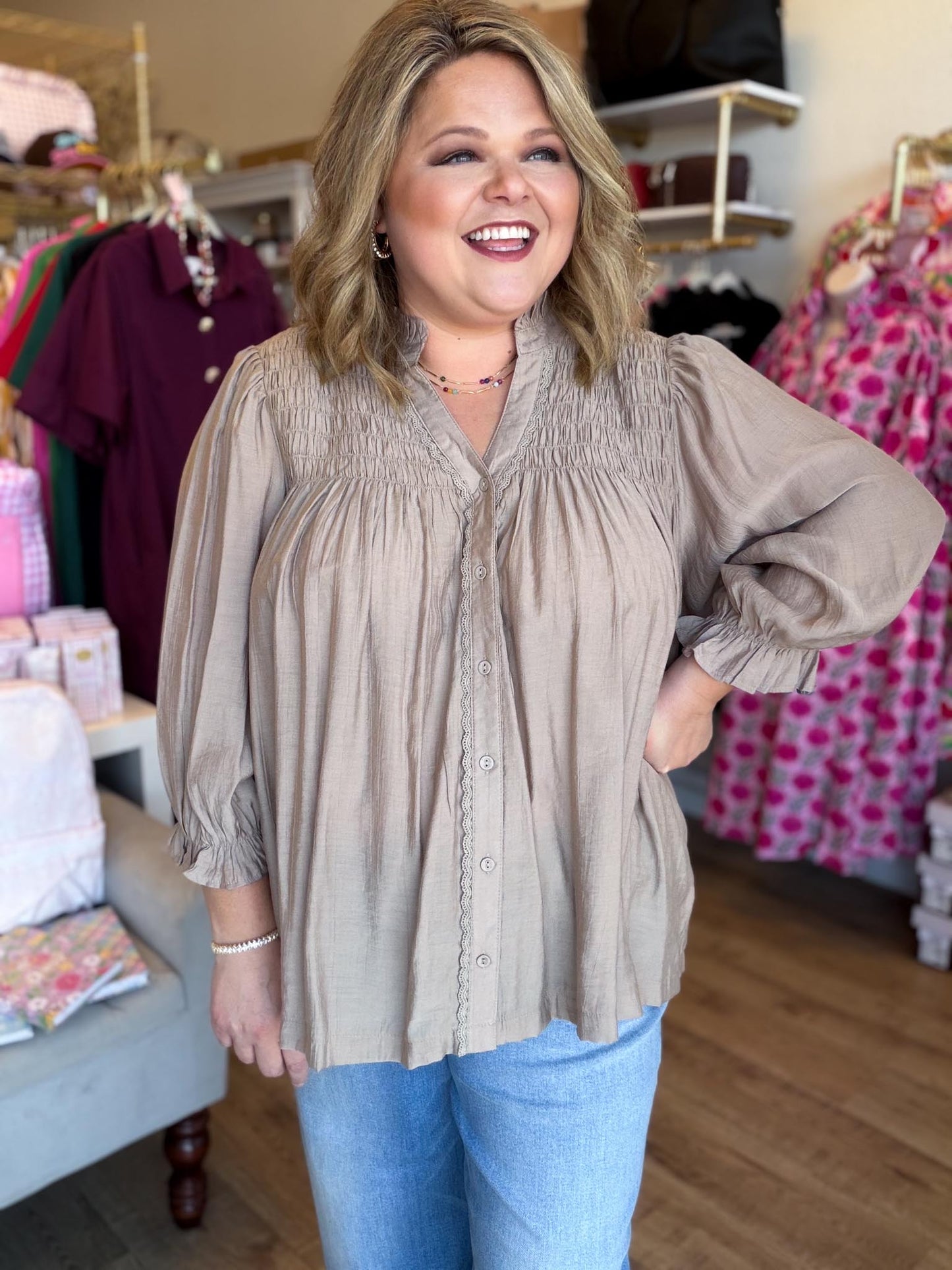 Fall's Favorite Curvy Mushroom Smocked Top