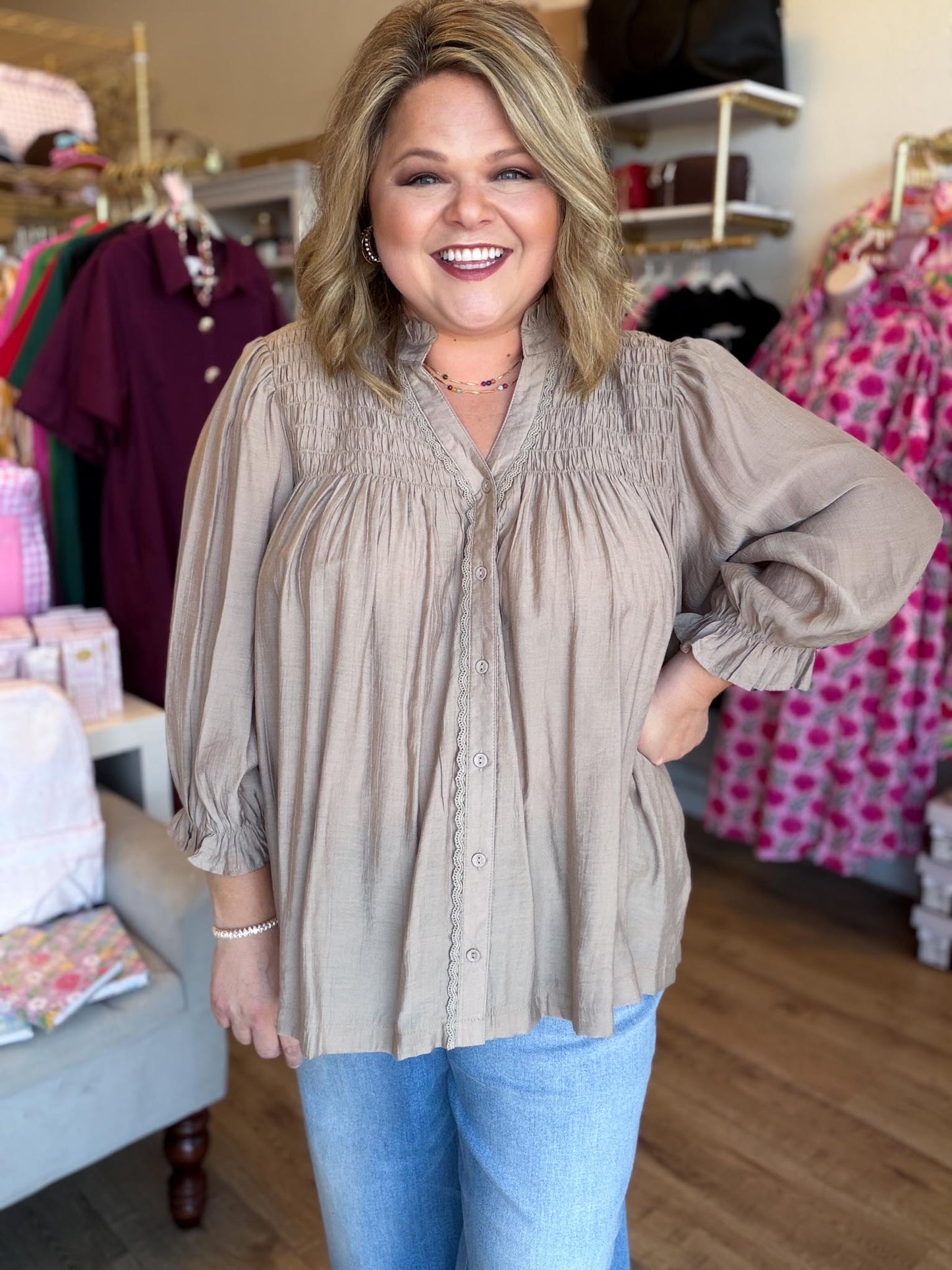 Fall's Favorite Curvy Mushroom Smocked Top