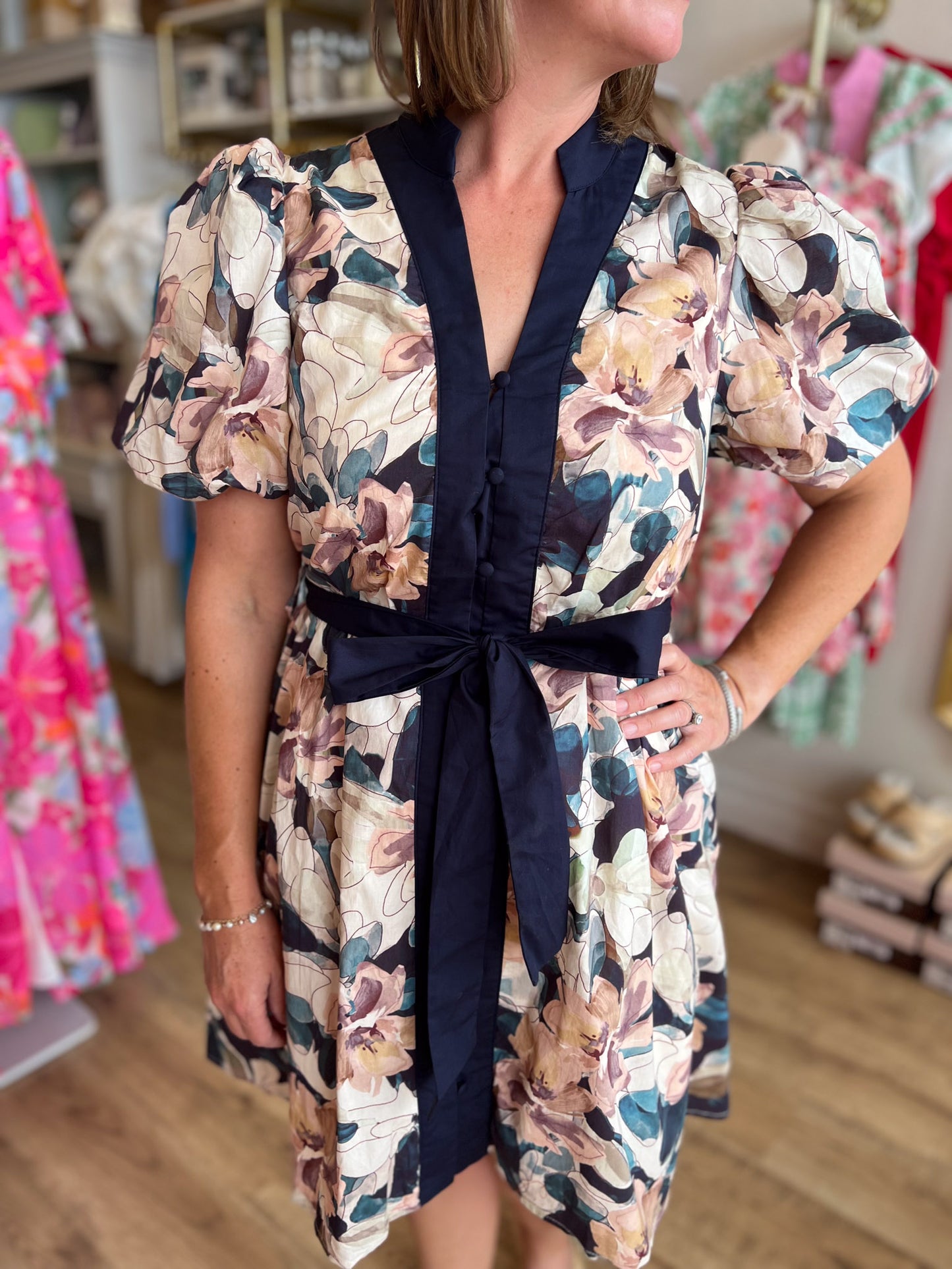 Fanciful Florals Navy Puff Sleeve Dress