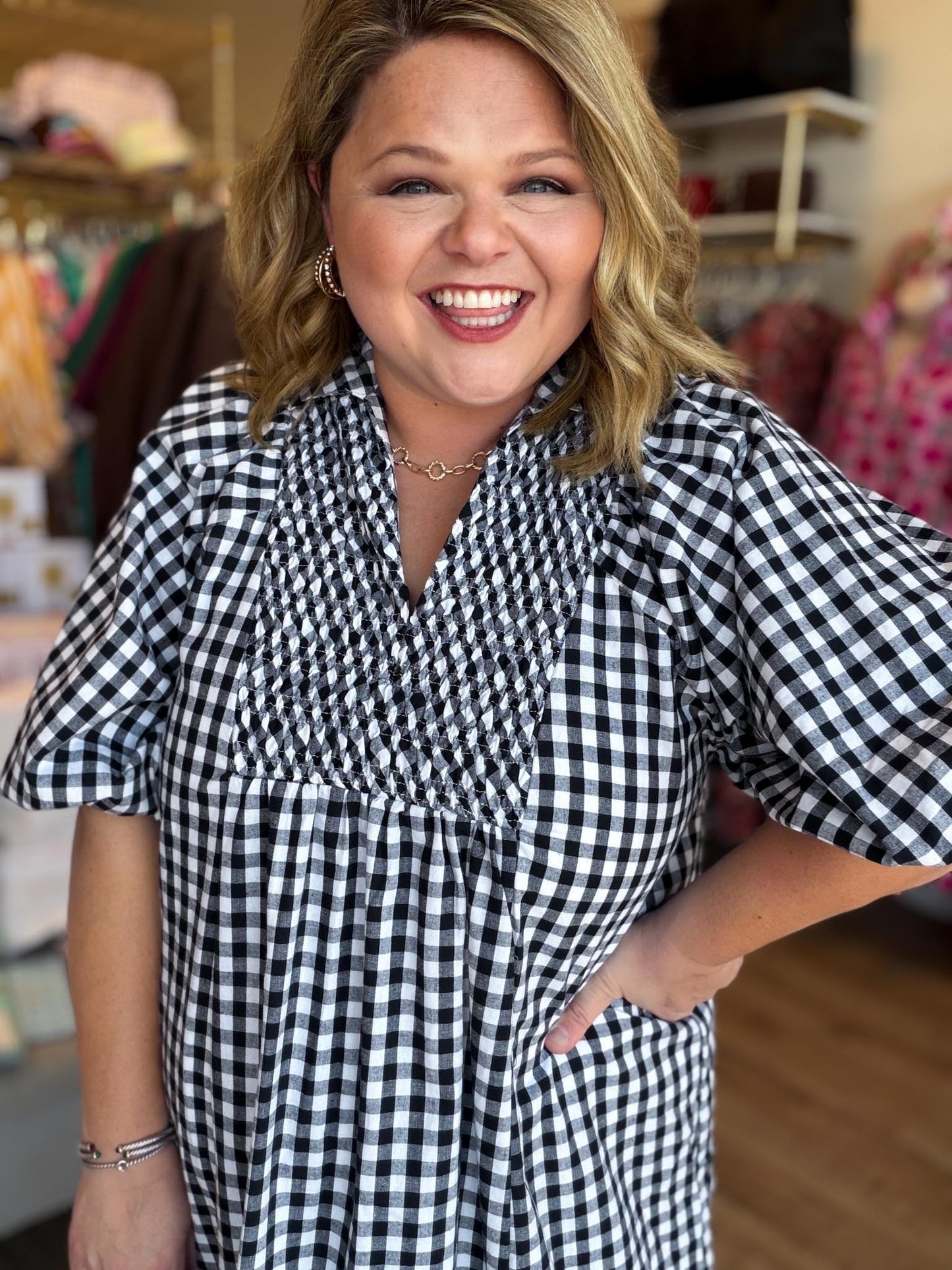 Farmhouse Check Curvy Black Gingham Midi Dress