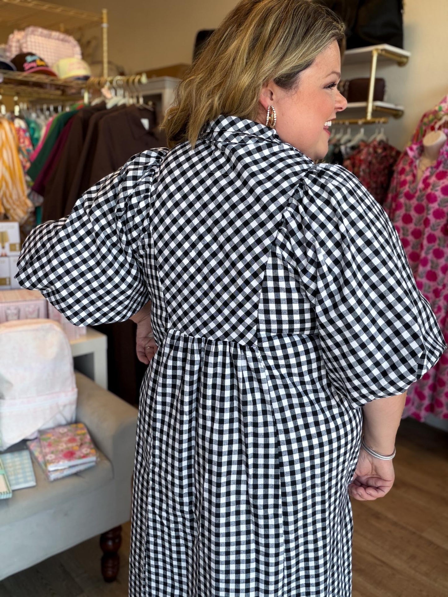Farmhouse Check Curvy Black Gingham Midi Dress