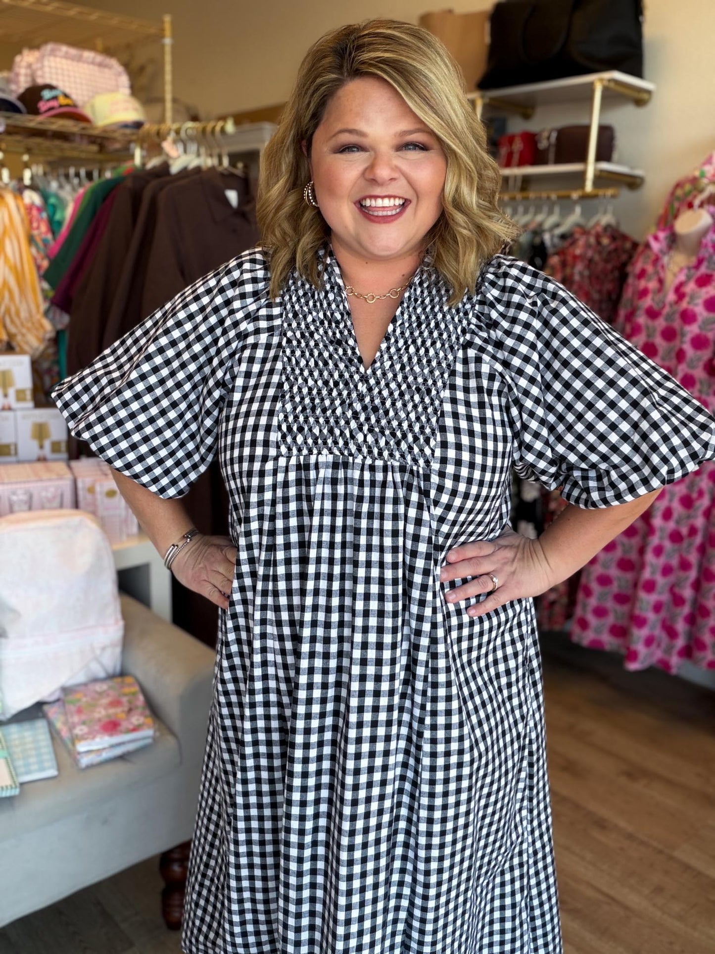 Farmhouse Check Curvy Black Gingham Midi Dress