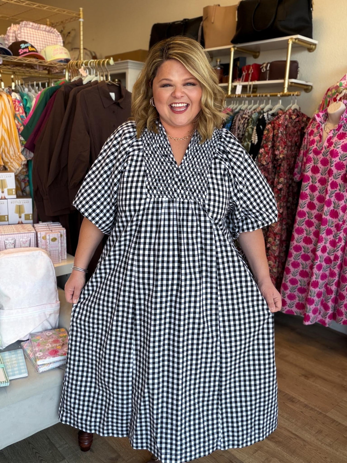 Farmhouse Check Curvy Black Gingham Midi Dress