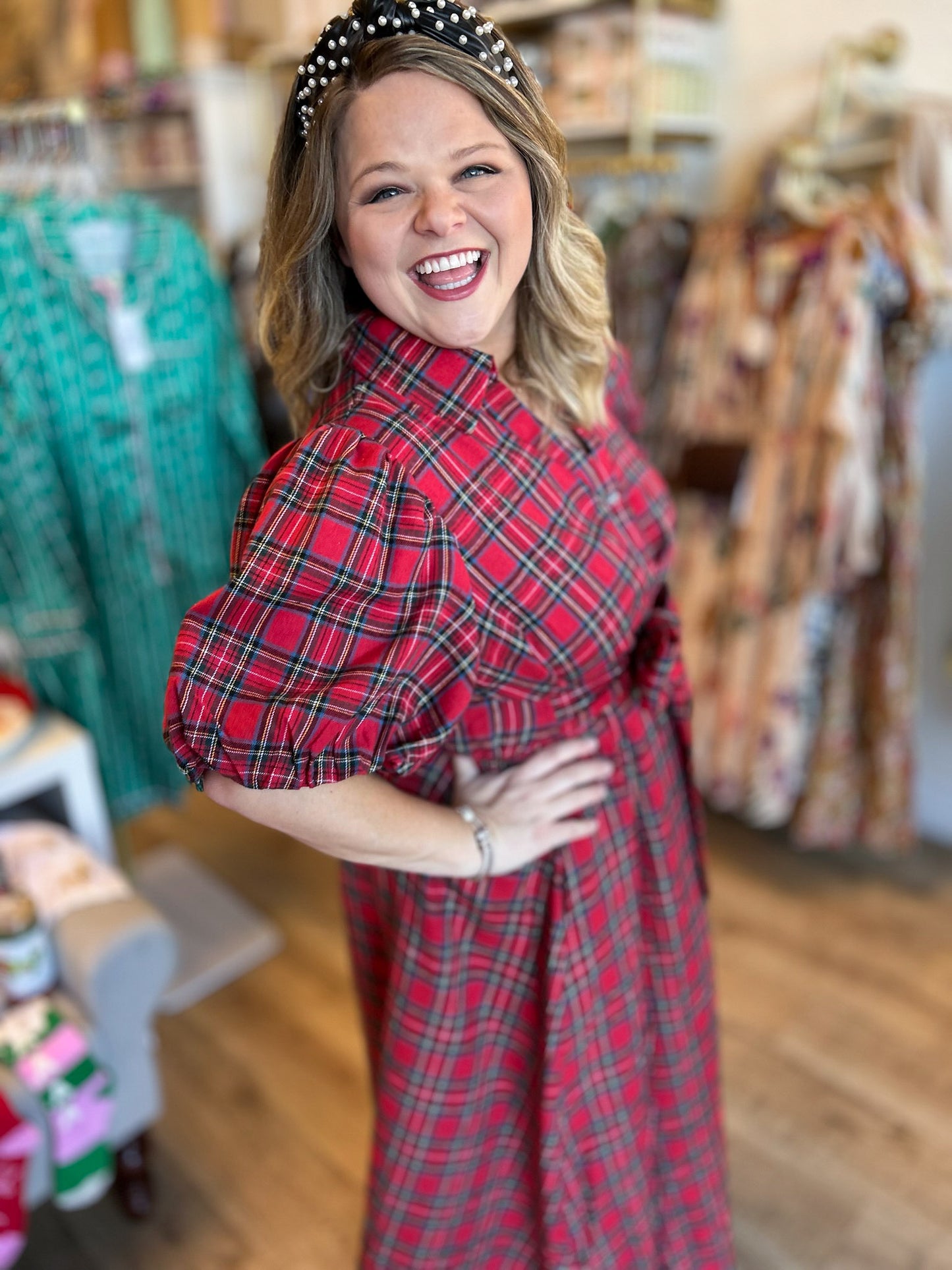 Festive Tartan Curvy Plaid Bow Midi Dress