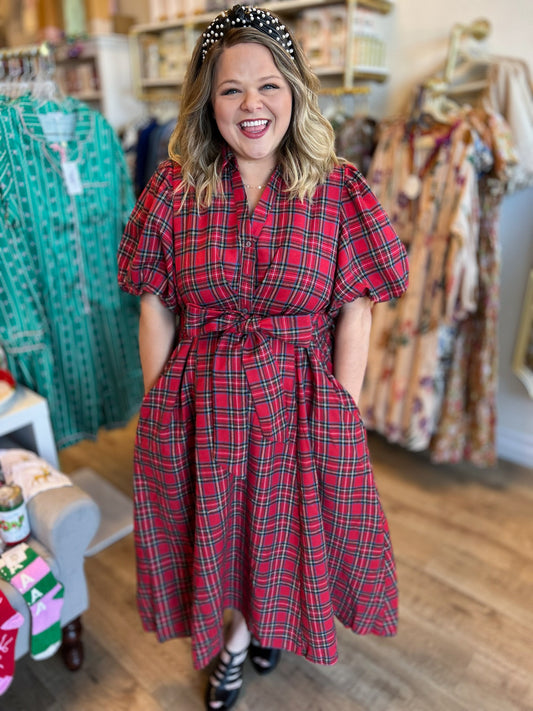 Festive Tartan Curvy Plaid Bow Midi Dress