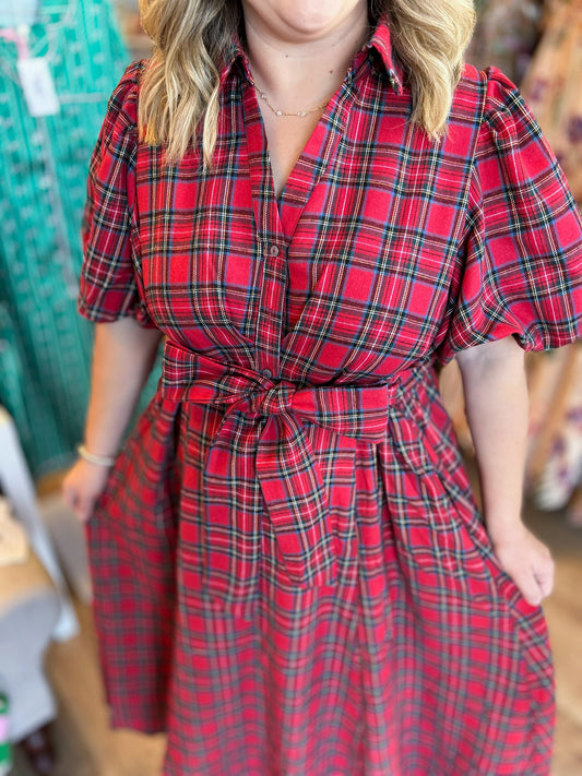 Festive Tartan Curvy Plaid Bow Midi Dress