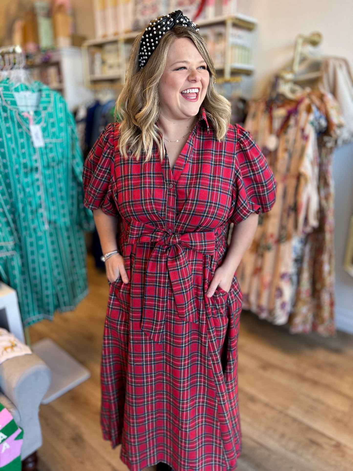 Festive Tartan Curvy Plaid Bow Midi Dress